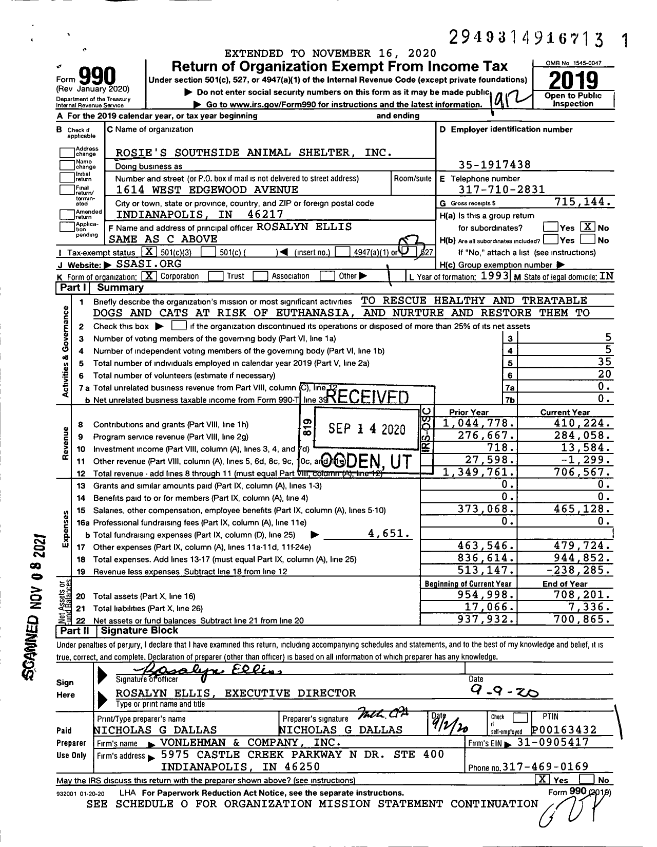 Image of first page of 2019 Form 990 for Rosie's Southside Animal Shelter (SSASI)