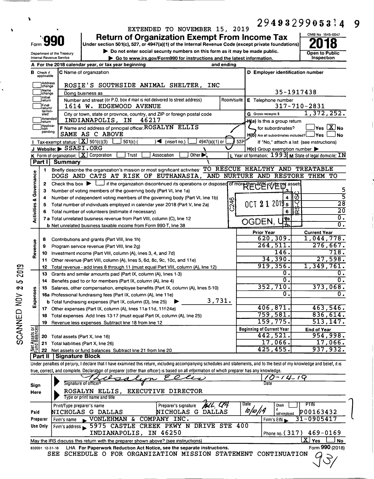 Image of first page of 2018 Form 990 for Rosie's Southside Animal Shelter (SSASI)