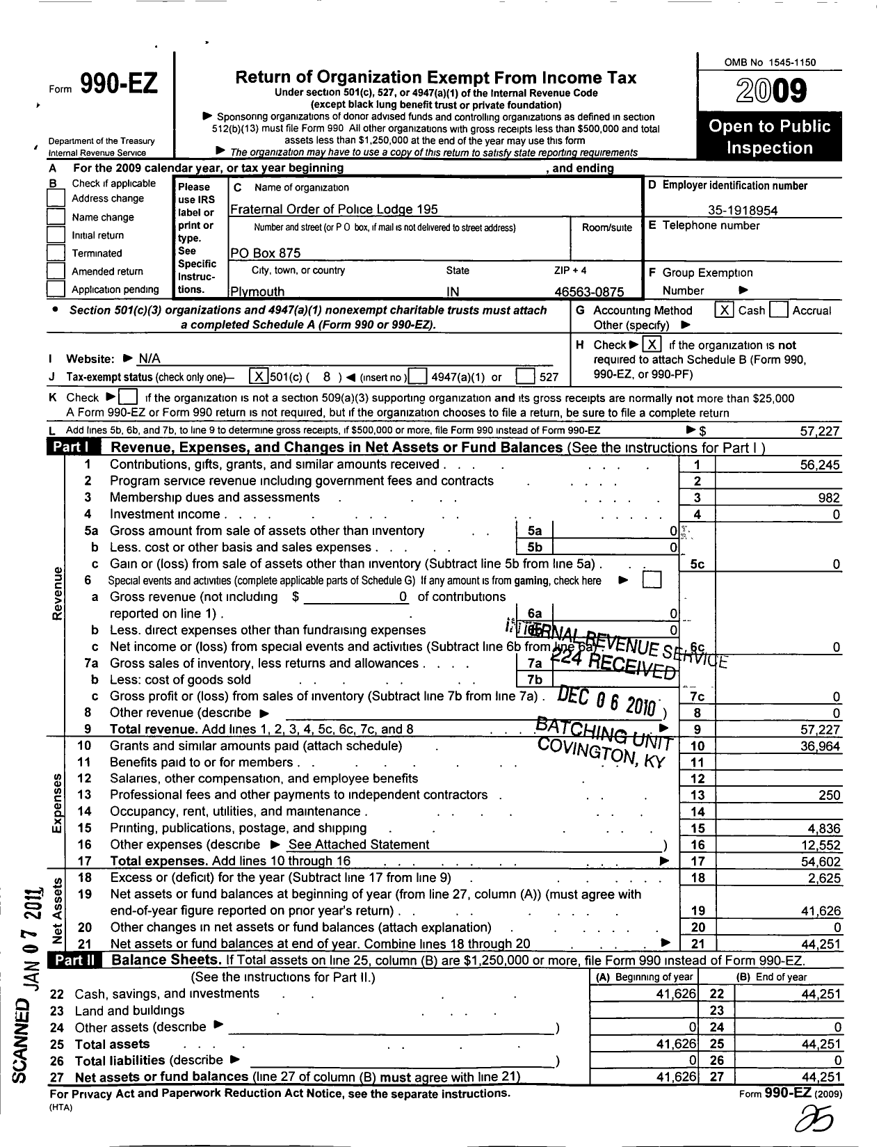 Image of first page of 2009 Form 990EO for Fraternal Order of Police - 195 Plymouth Fop