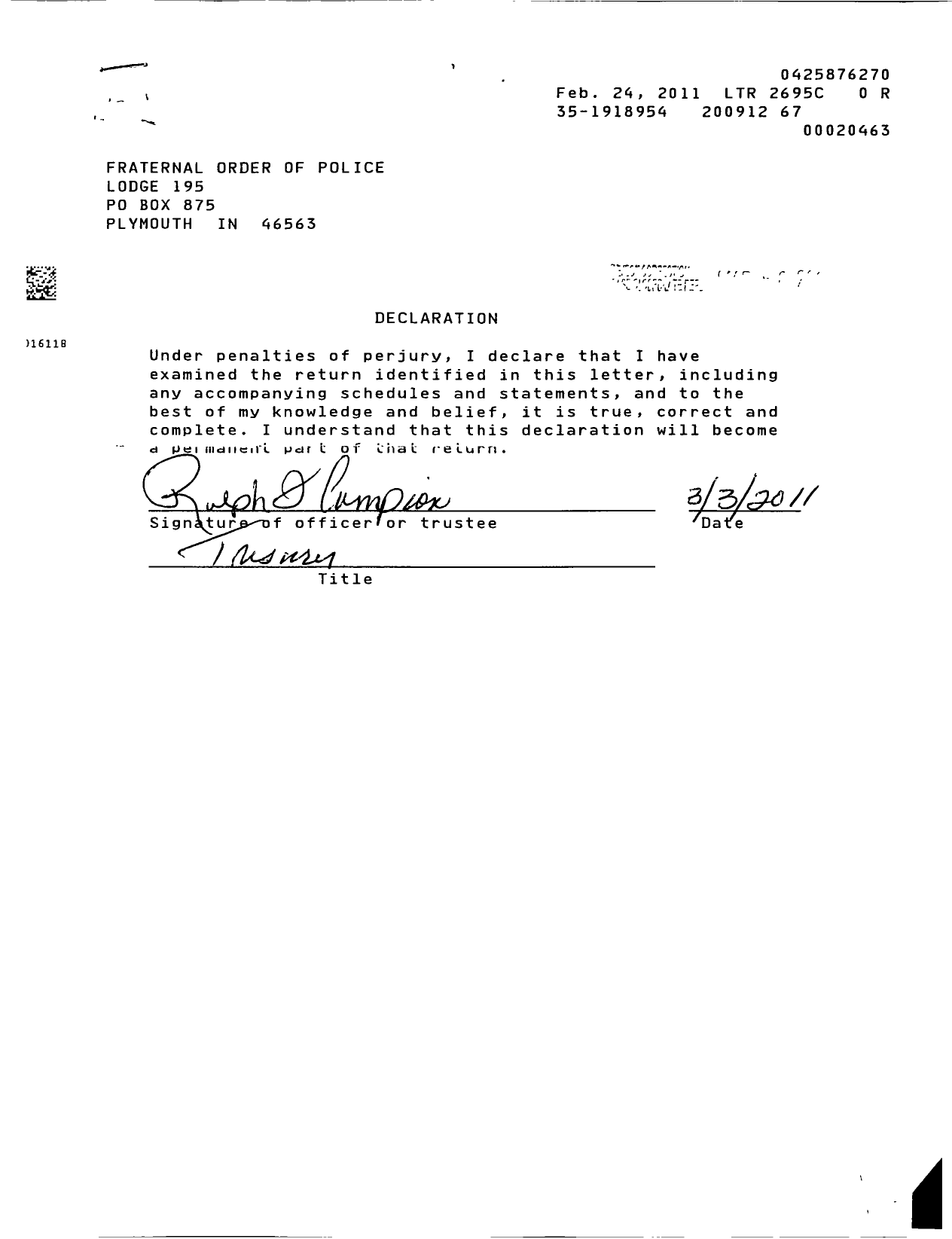 Image of first page of 2009 Form 990EOR for Fraternal Order of Police - 195 Plymouth Fop