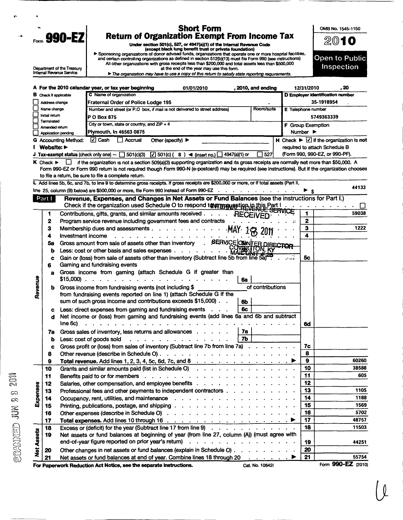 Image of first page of 2010 Form 990EO for Fraternal Order of Police - 195 Plymouth Fop