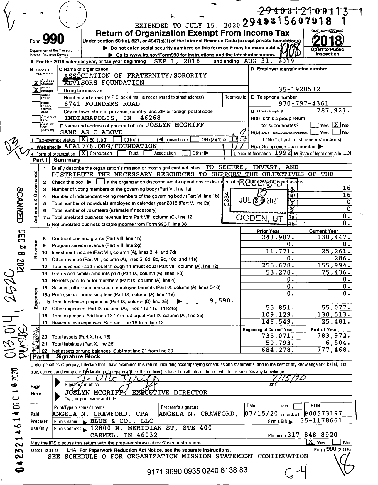 Image of first page of 2018 Form 990 for Association of Fraternitysorority Advisors Foundation