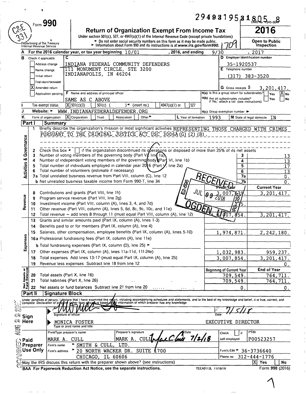 Image of first page of 2016 Form 990 for Indiana Federal Community Defenders
