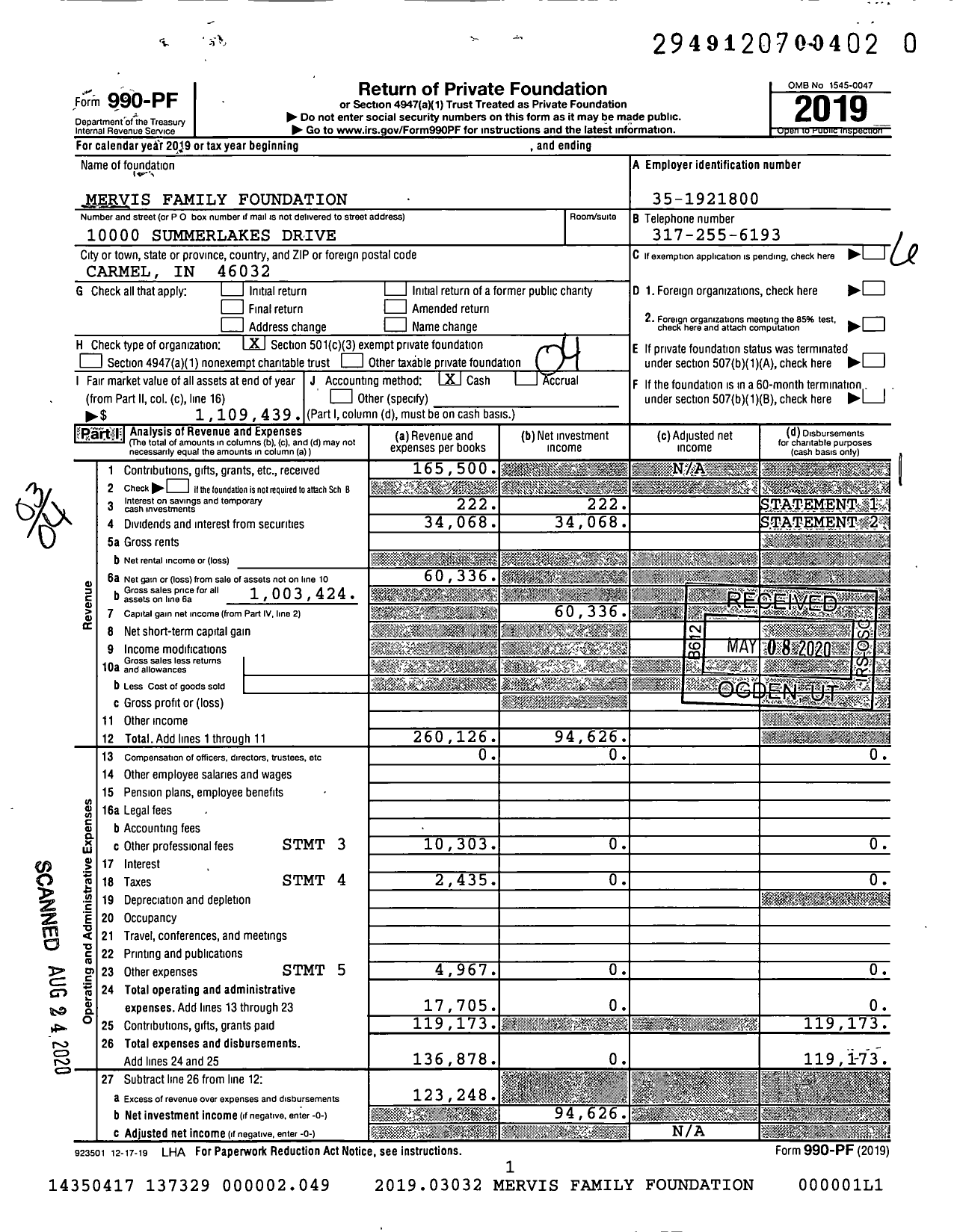 Image of first page of 2019 Form 990PR for Mervis Family Foundation