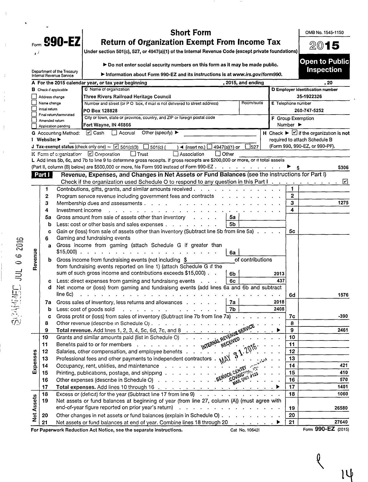 Image of first page of 2015 Form 990EZ for Three Rivers Railroad Heritage Council Incorporated