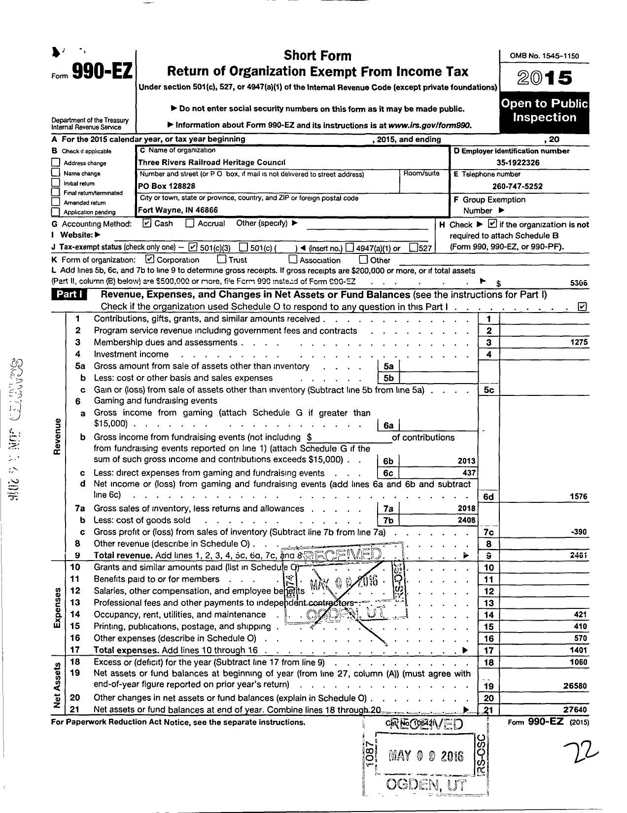 Image of first page of 2015 Form 990EZ for Three Rivers Railroad Heritage Council Incorporated