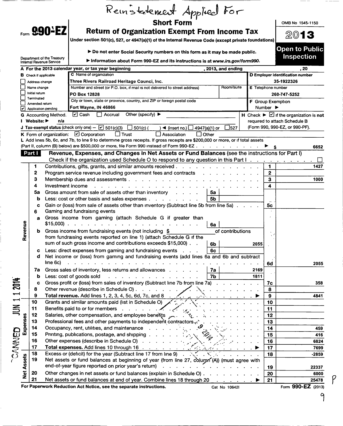 Image of first page of 2013 Form 990EZ for Three Rivers Railroad Heritage Council Incorporated