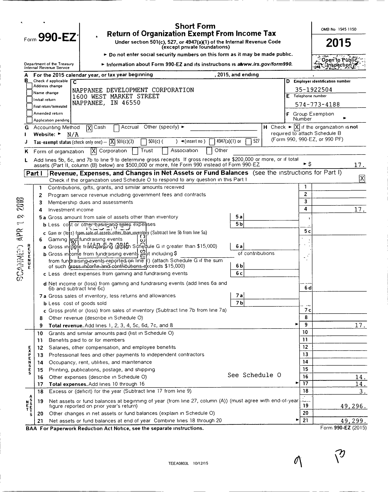 Image of first page of 2015 Form 990EZ for Nappanee Development Corporation