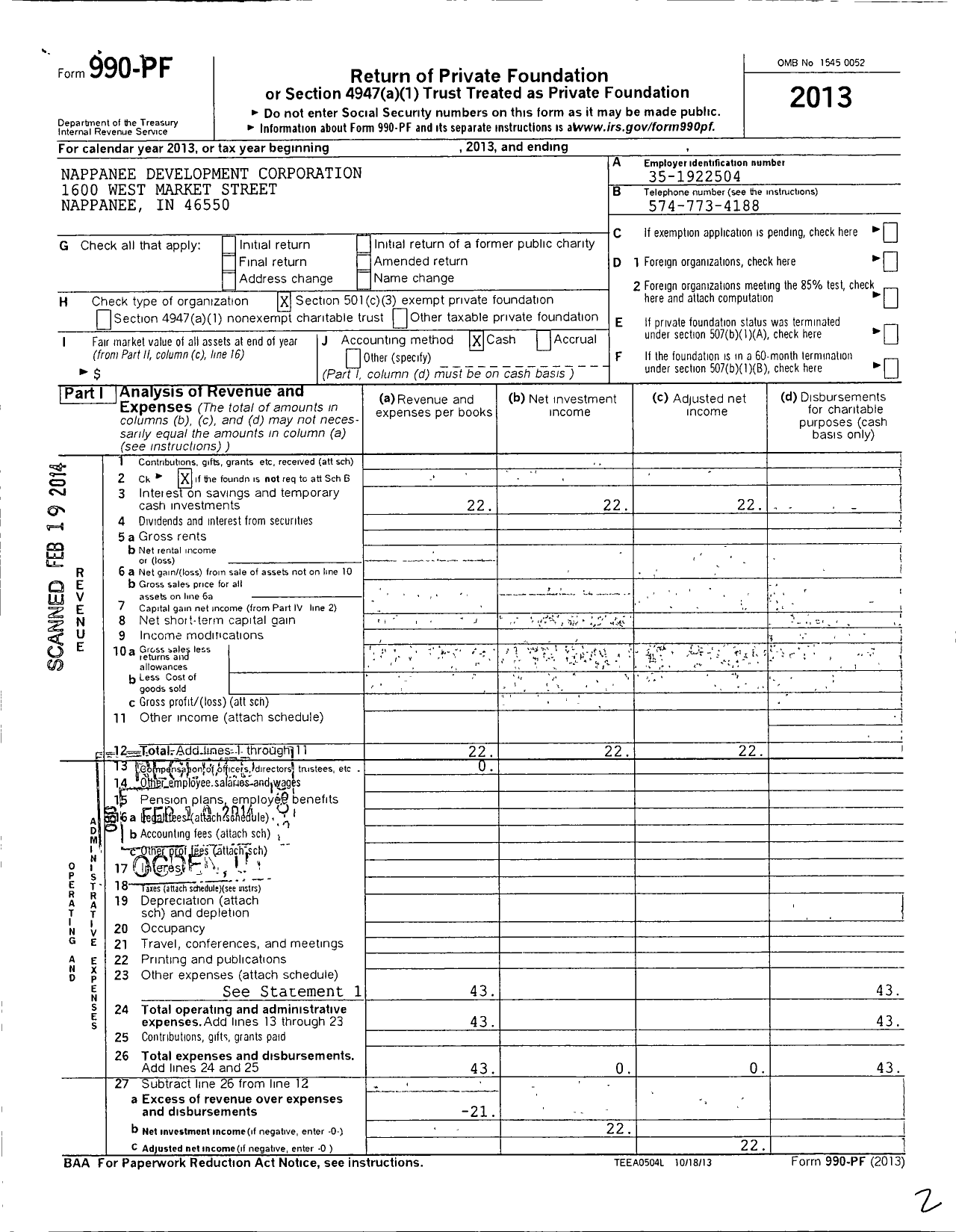 Image of first page of 2013 Form 990PF for Nappanee Development Corporation