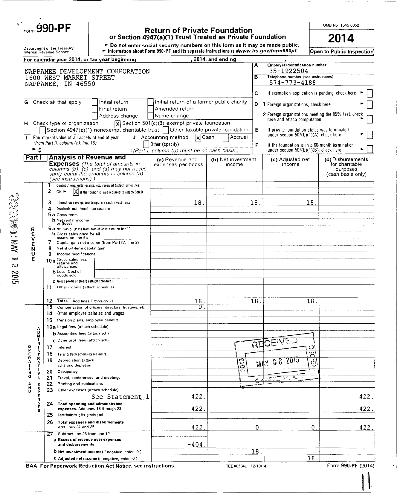 Image of first page of 2014 Form 990PF for Nappanee Development Corporation