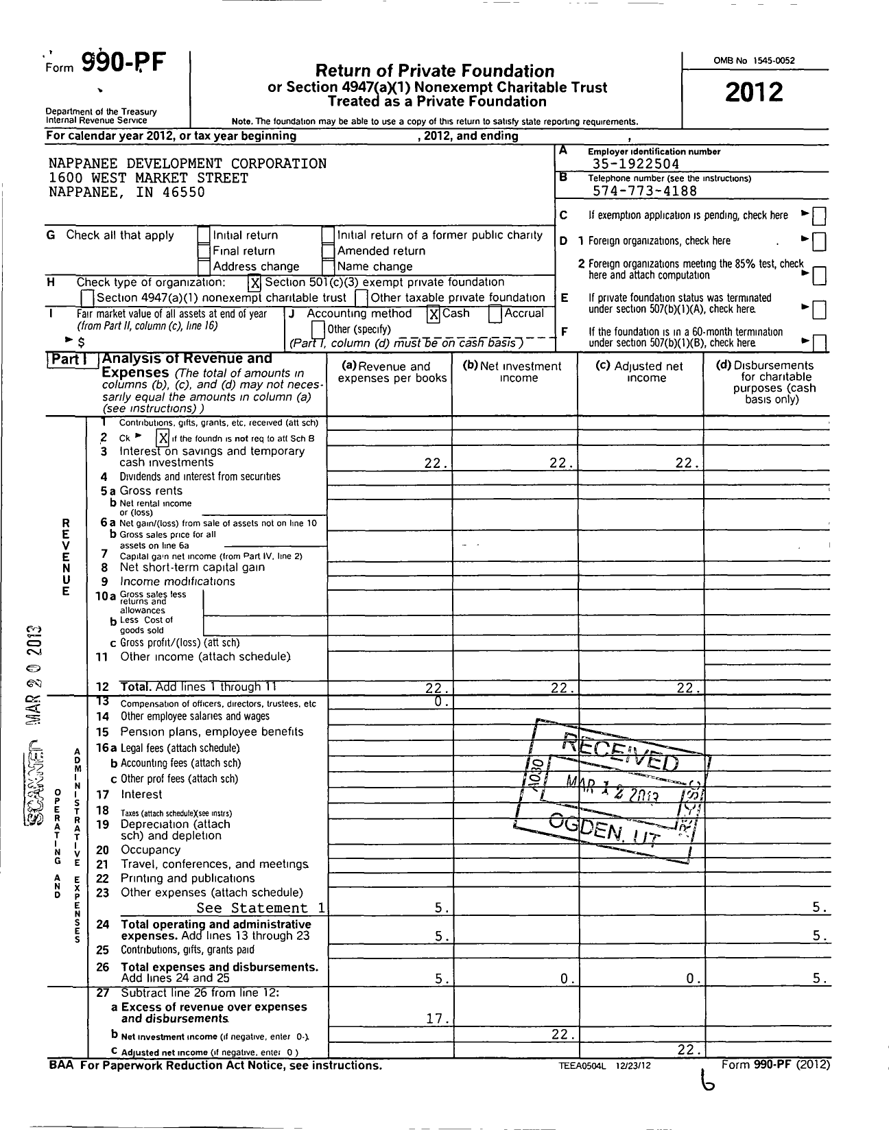 Image of first page of 2012 Form 990PF for Nappanee Development Corporation