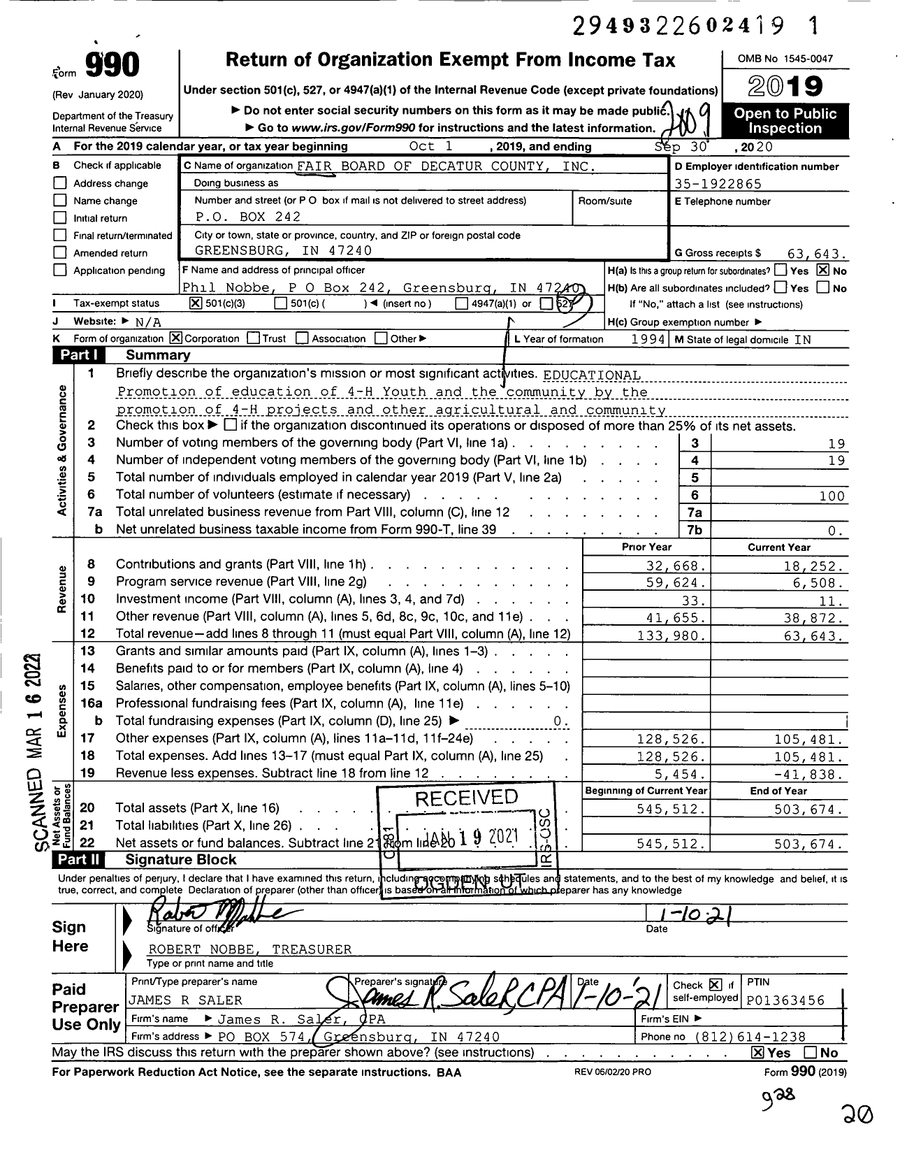 Image of first page of 2019 Form 990 for Fair Board of Decatur County