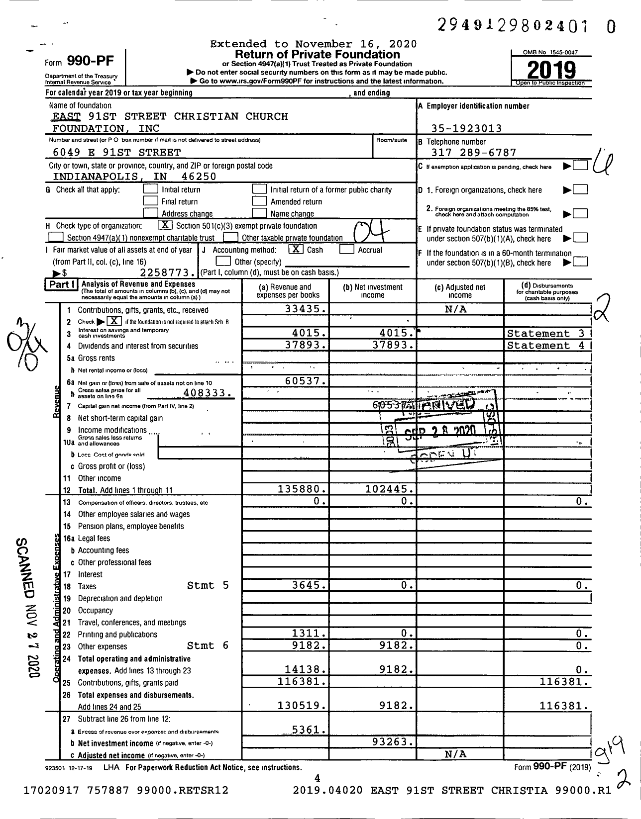 Image of first page of 2019 Form 990PF for East 91st Street Christian Church Foundation