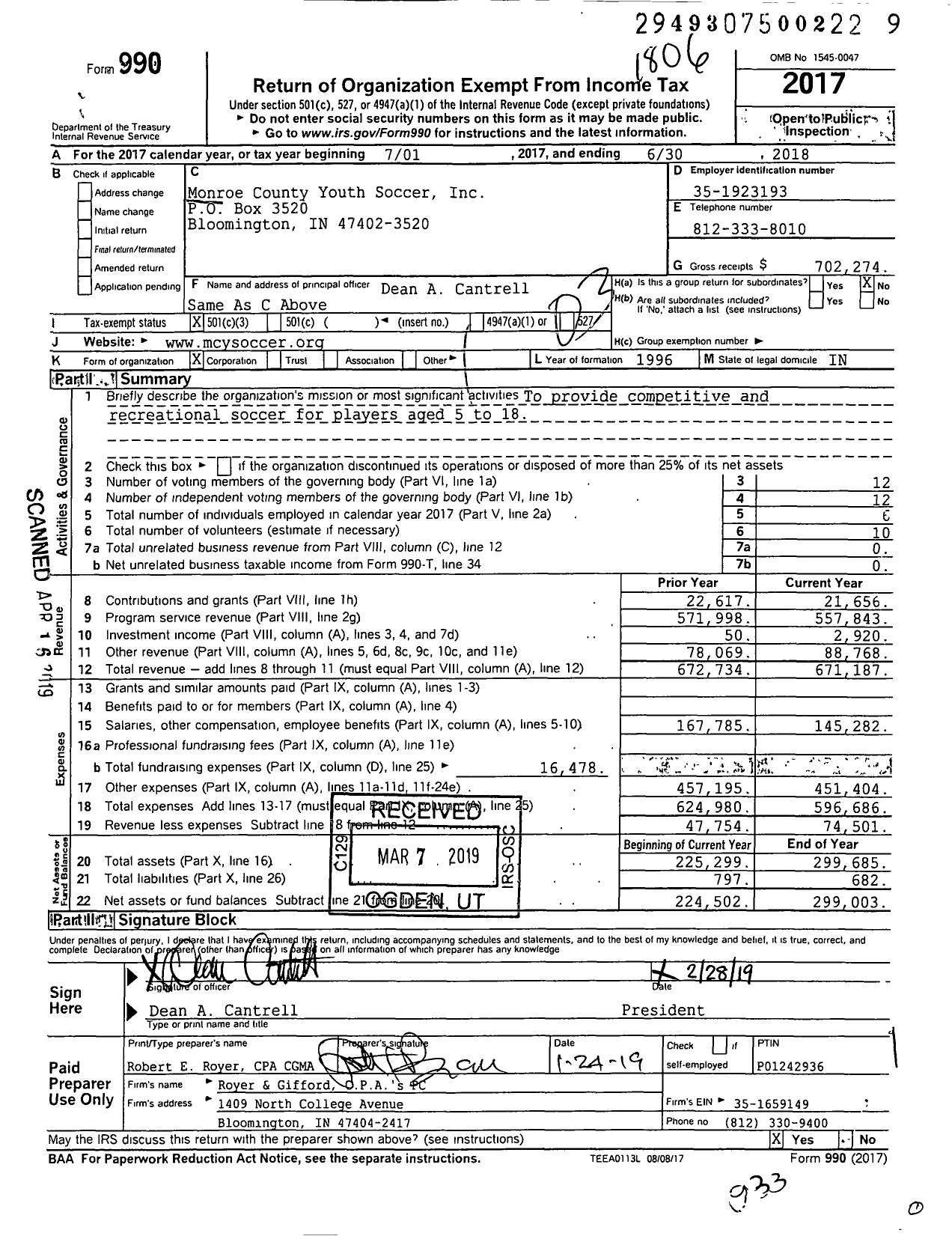 Image of first page of 2017 Form 990 for Monroe County Youth Soccer