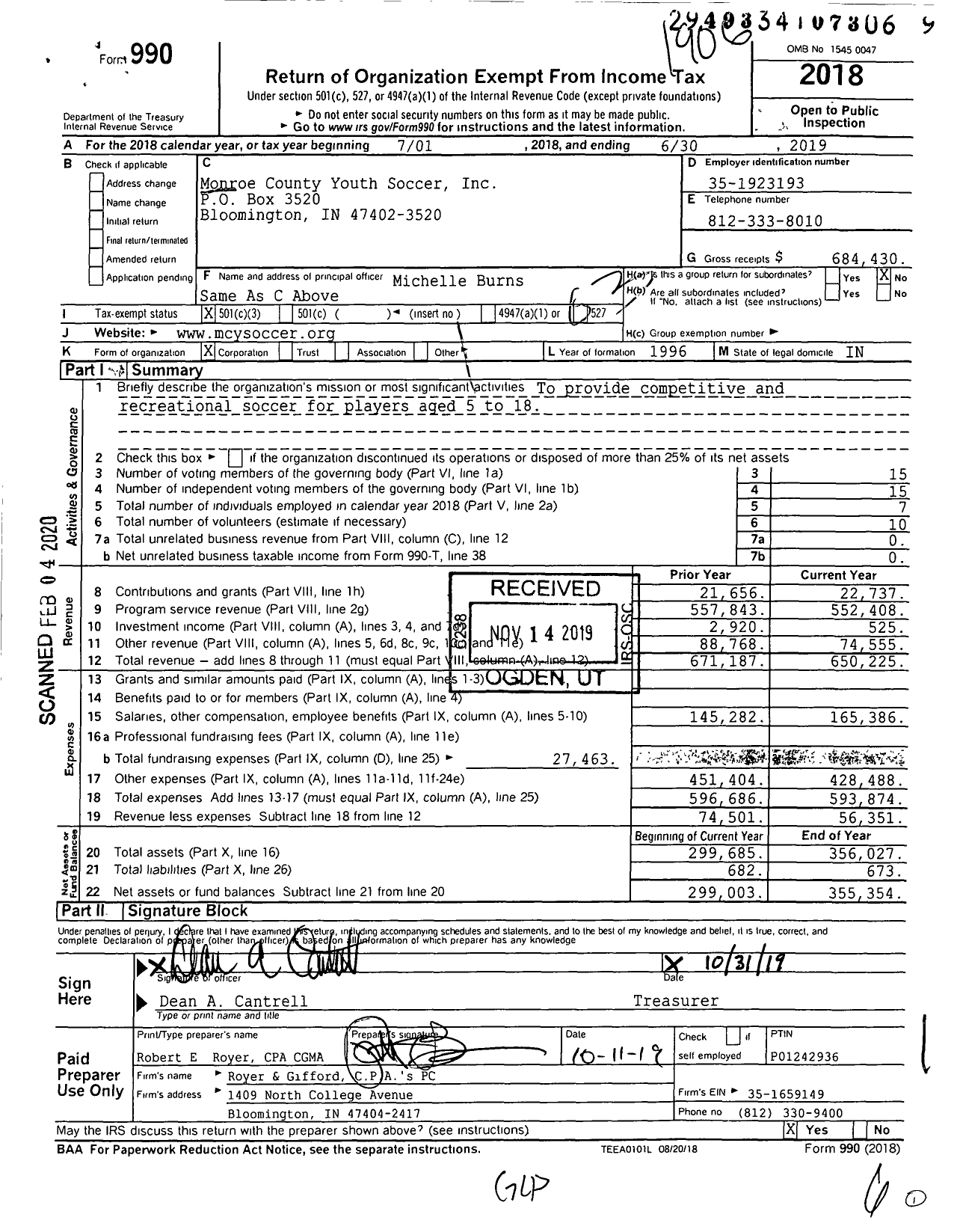 Image of first page of 2018 Form 990 for Monroe County Youth Soccer