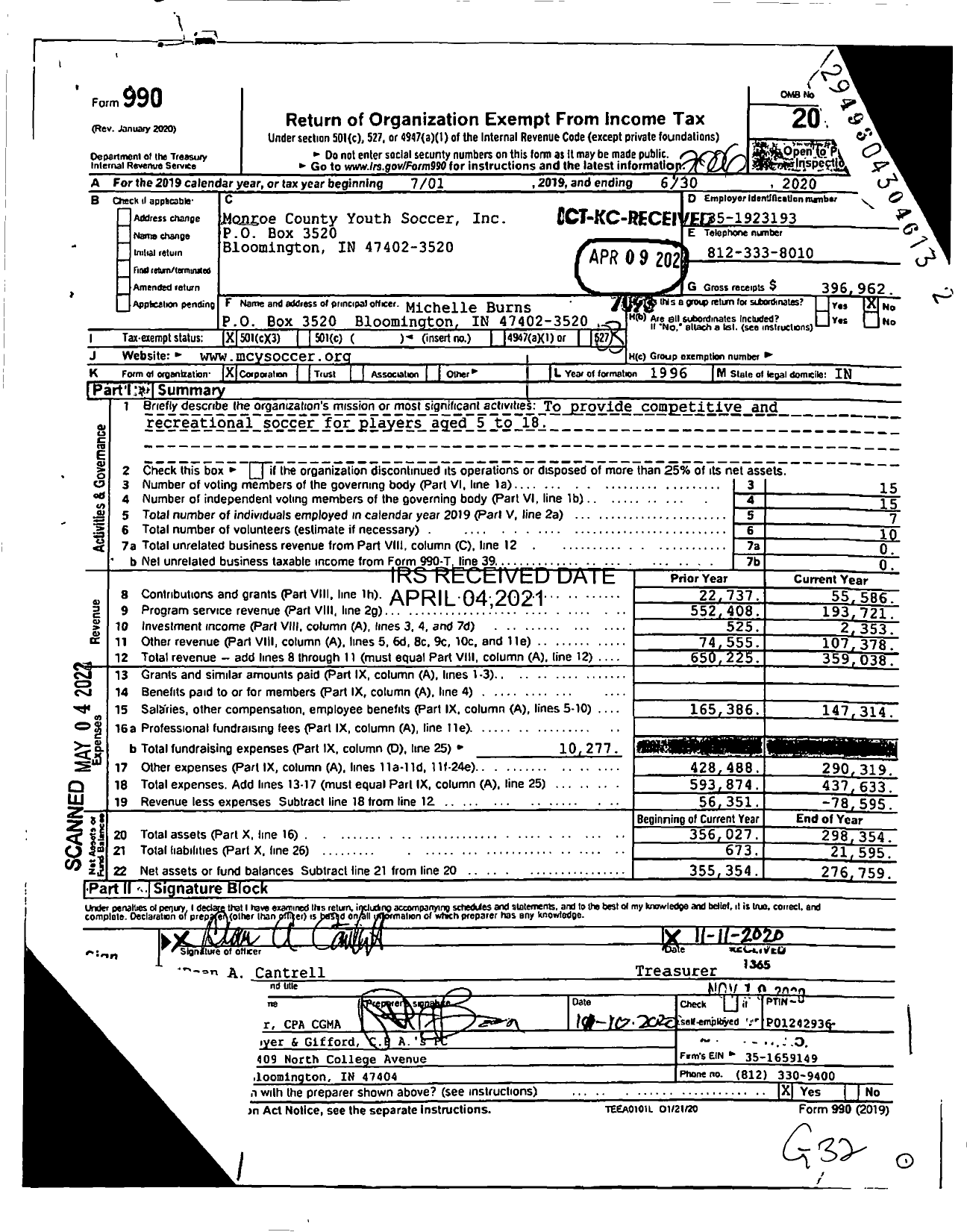 Image of first page of 2019 Form 990 for Monroe County Youth Soccer