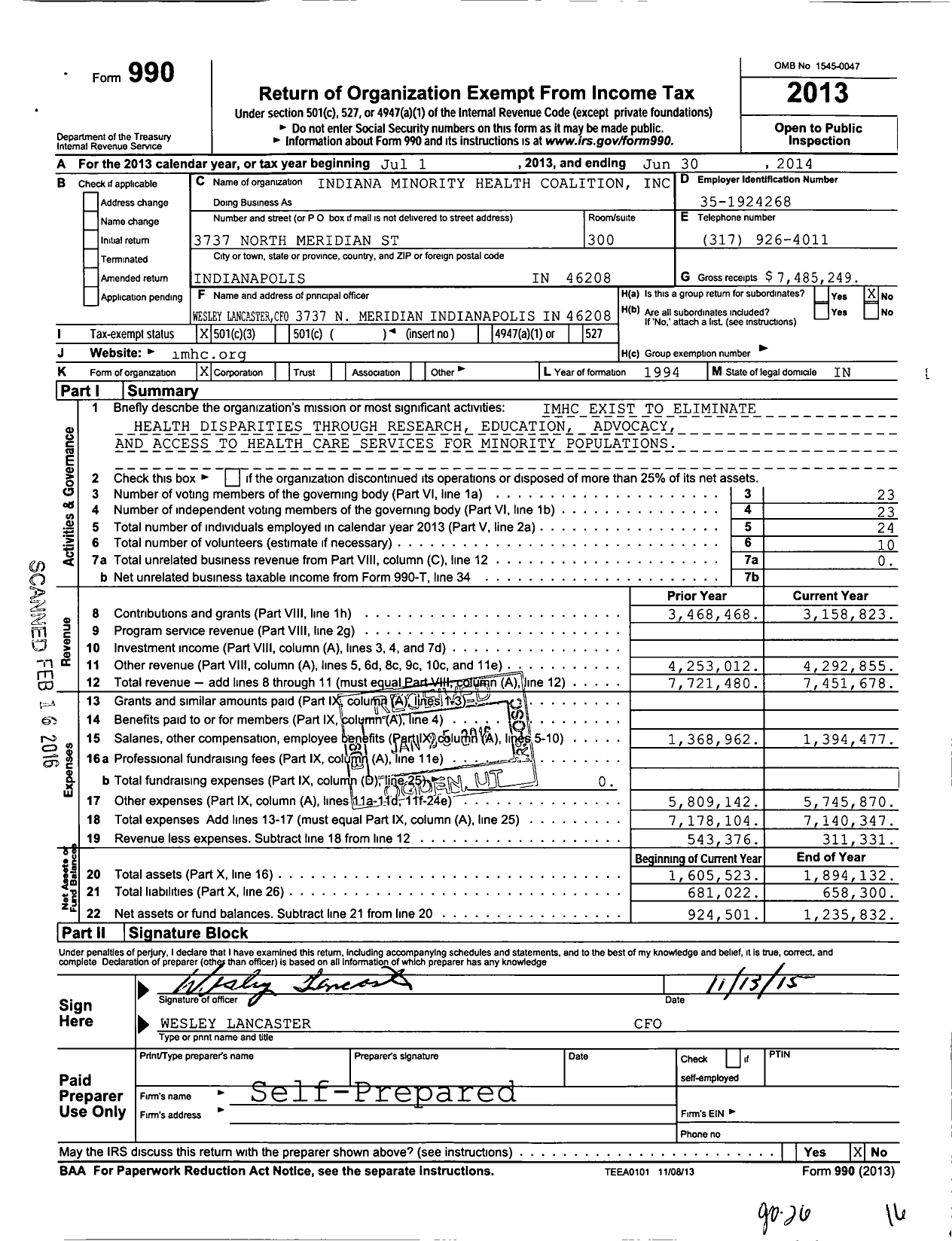 Image of first page of 2013 Form 990 for Indiana Minority Health Coalition (IMHC)