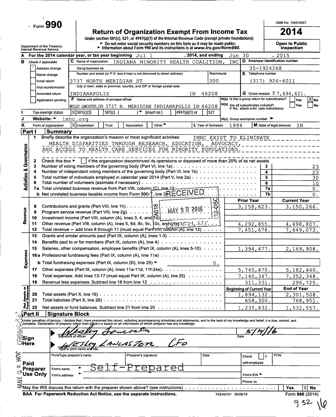 Image of first page of 2014 Form 990 for Indiana Minority Health Coalition (IMHC)