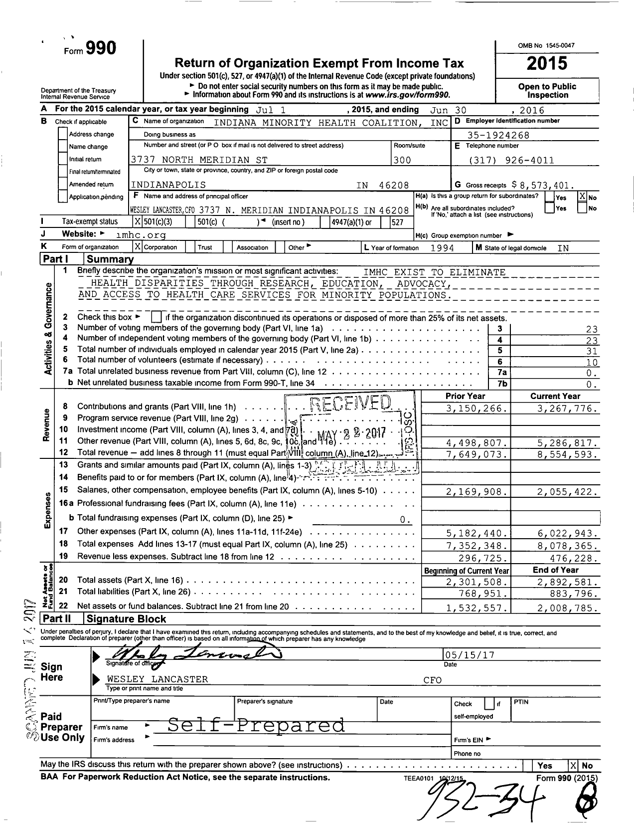 Image of first page of 2015 Form 990 for Indiana Minority Health Coalition (IMHC)