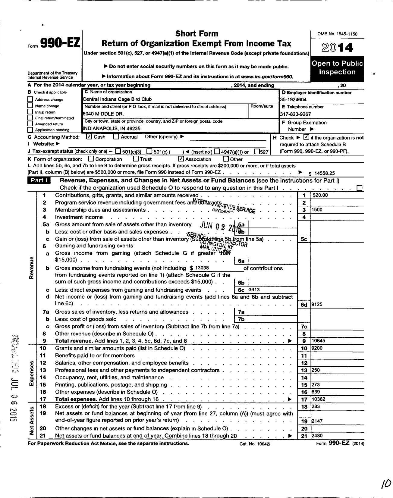 Image of first page of 2014 Form 990EO for Central Indiana Cage Bird Club