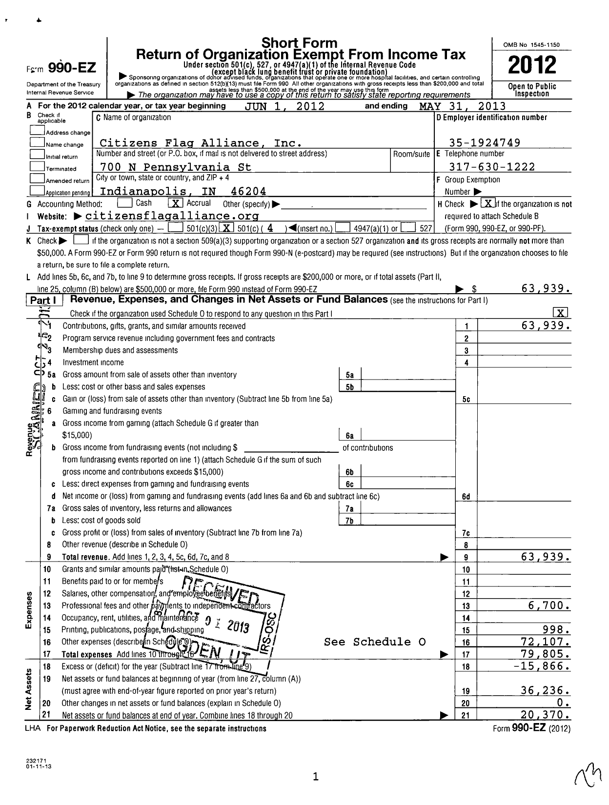 Image of first page of 2012 Form 990EO for Citizens Flag Alliance