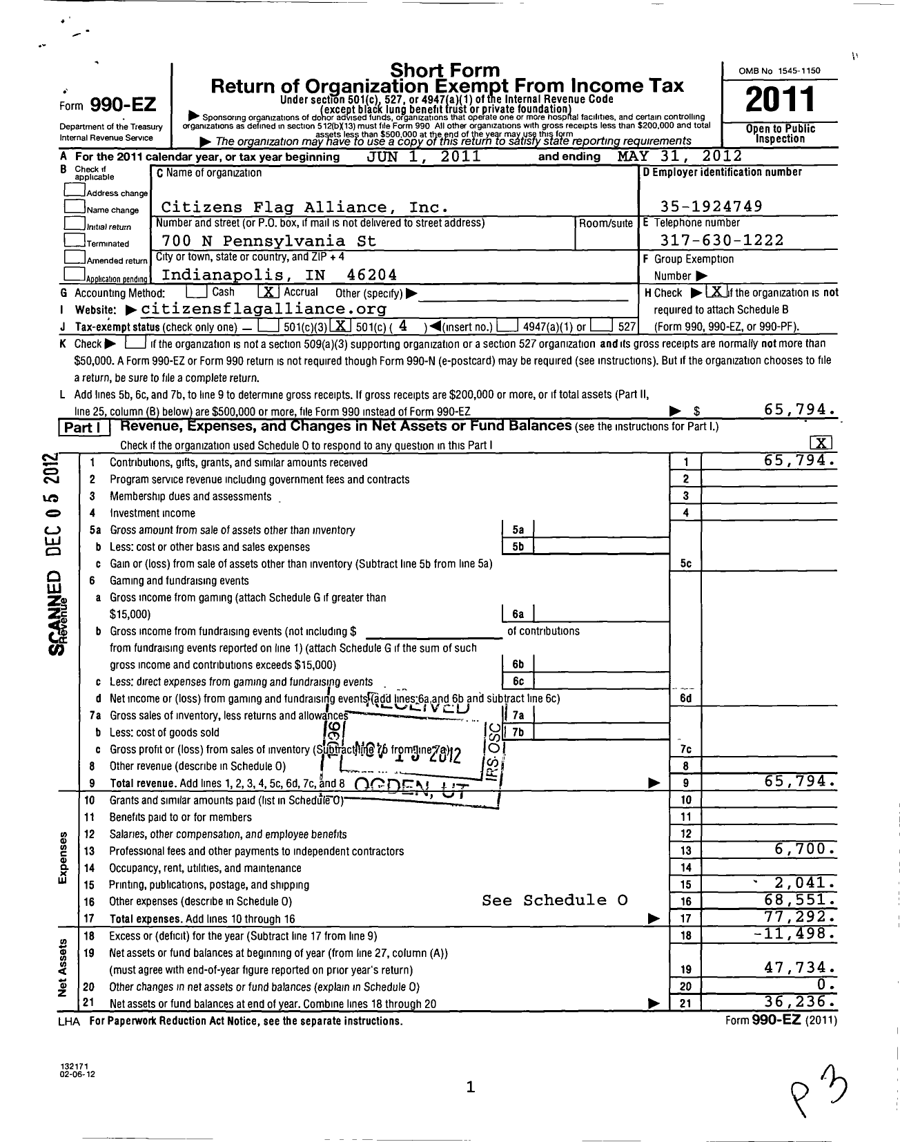 Image of first page of 2011 Form 990EO for Citizens Flag Alliance