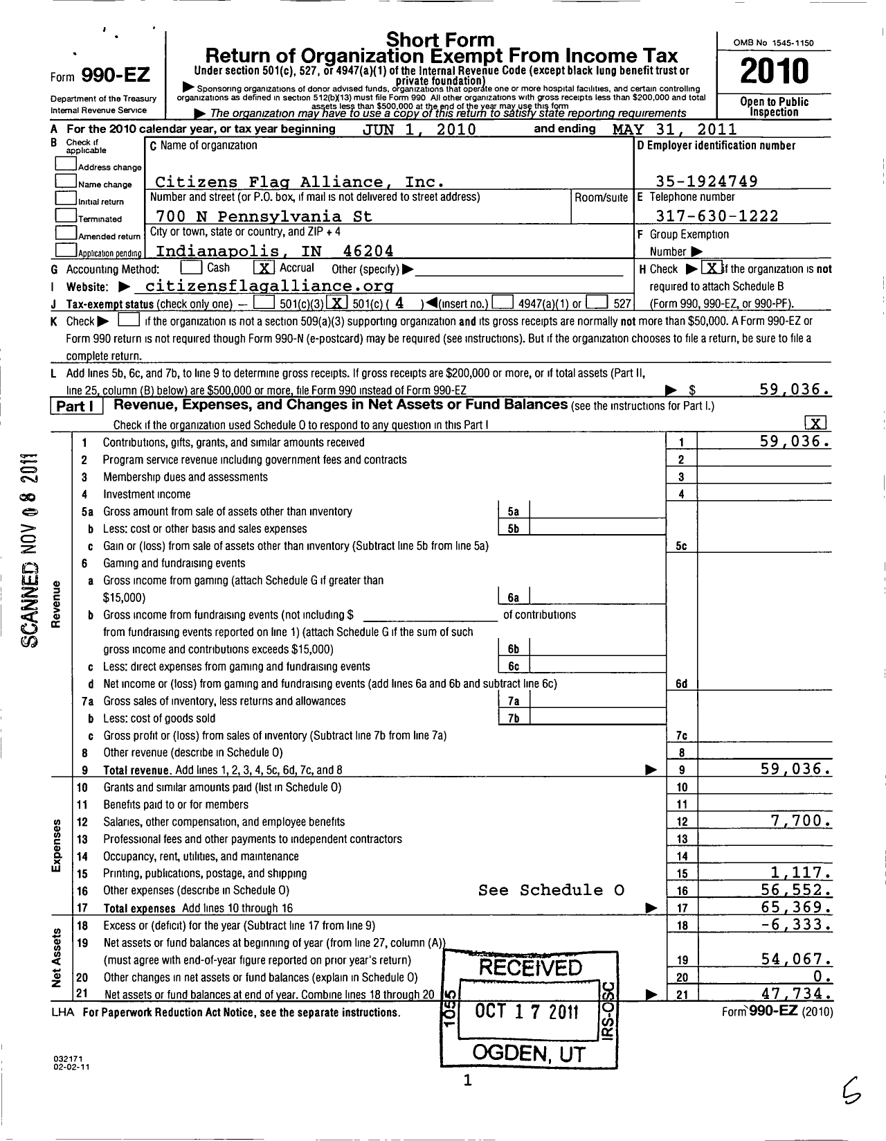 Image of first page of 2010 Form 990EO for Citizens Flag Alliance