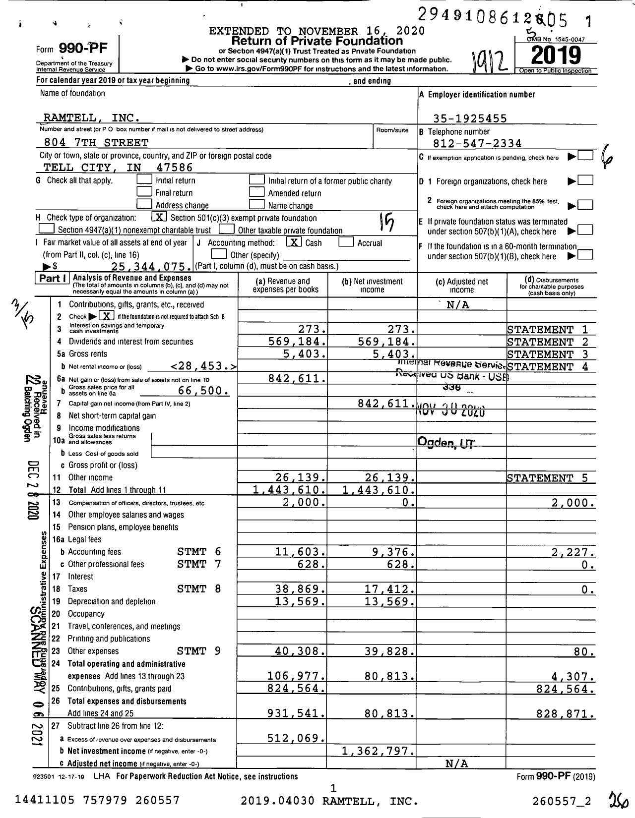 Image of first page of 2019 Form 990PF for Ramtell
