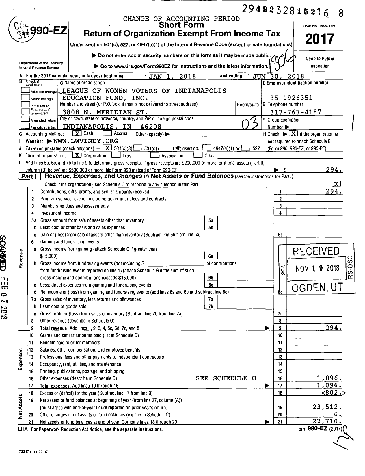Image of first page of 2017 Form 990EZ for League of Women Voters of Indianapolis