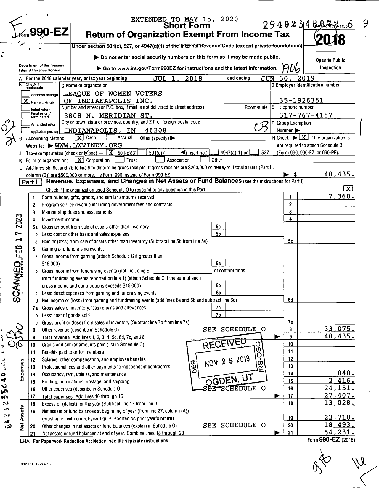 Image of first page of 2018 Form 990EZ for League of Women Voters of Indianapolis