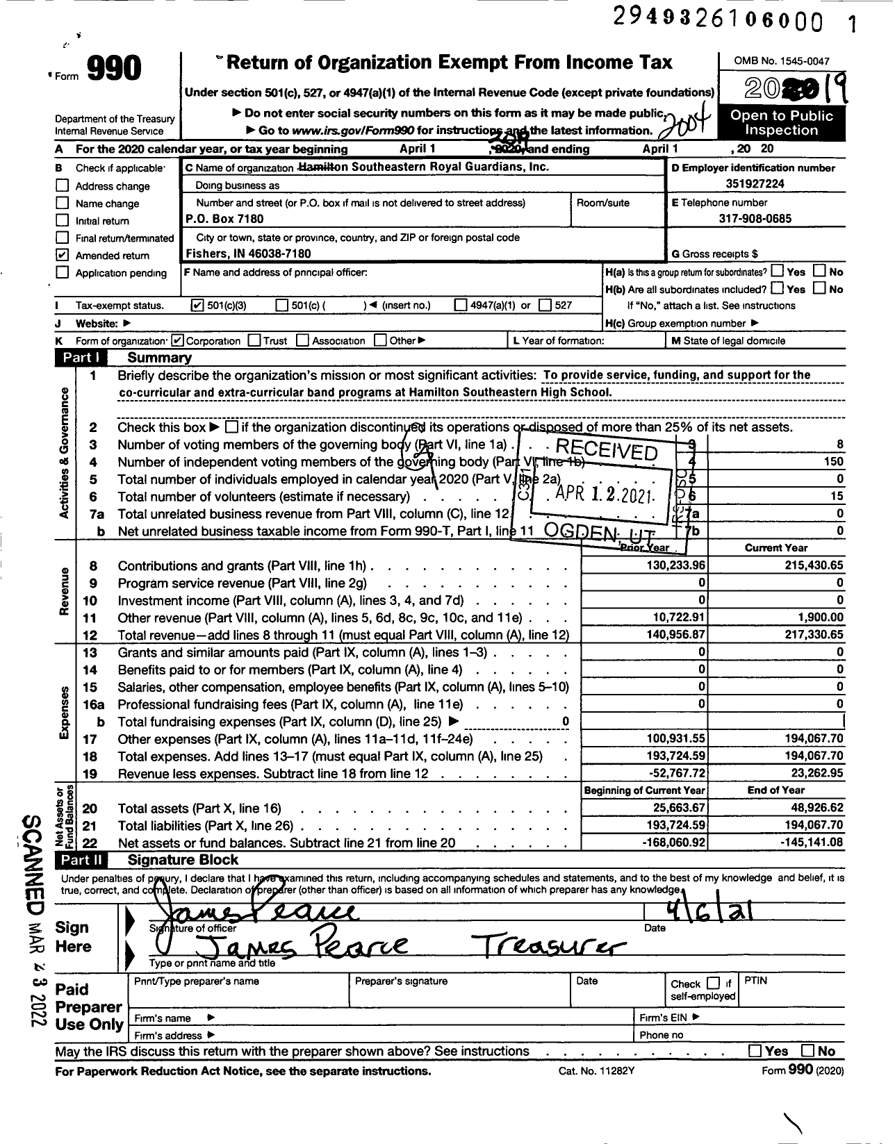 Image of first page of 2019 Form 990 for Hamilton Southeastern Royal Guardians