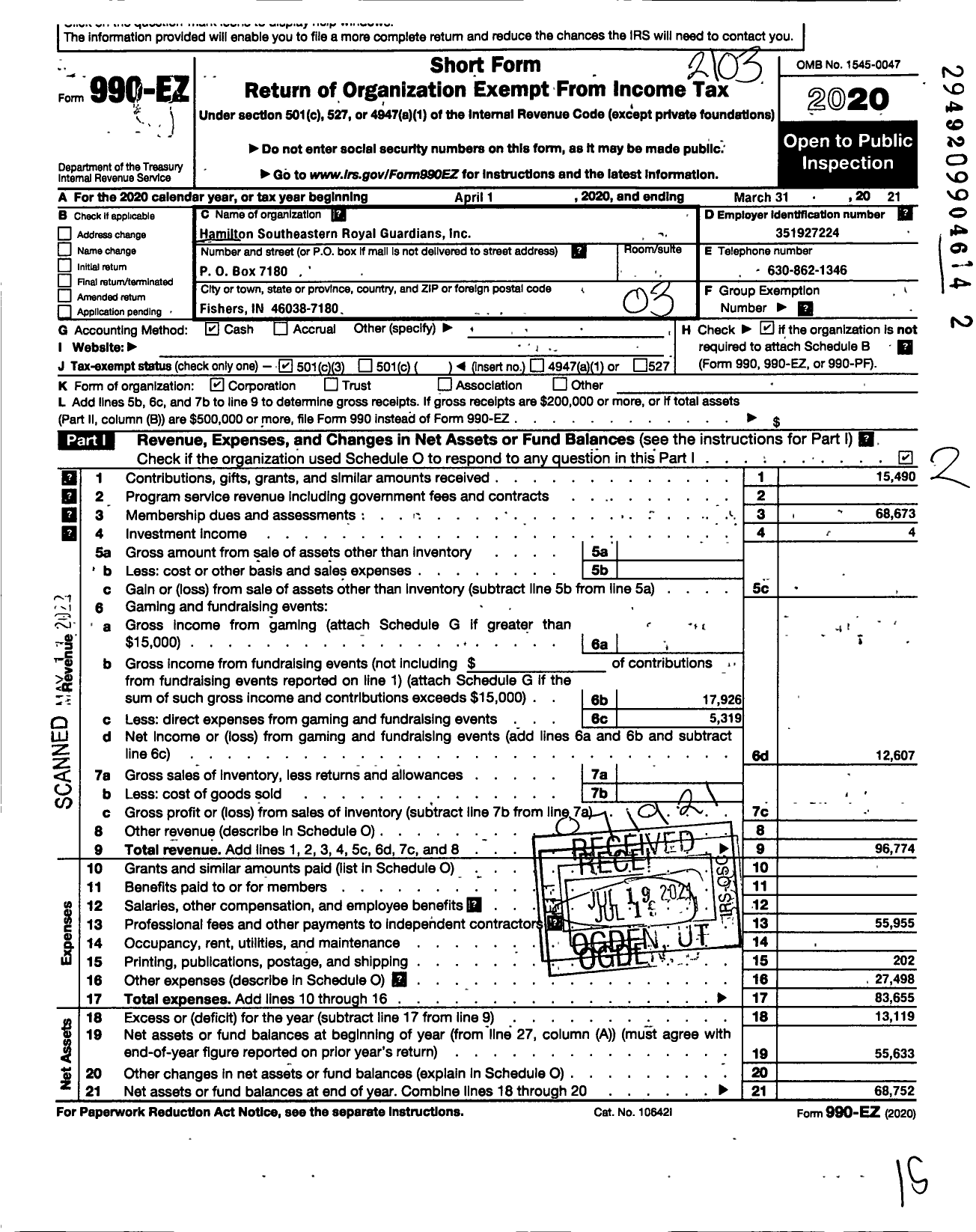 Image of first page of 2020 Form 990EZ for Hamilton Southeastern Royal Guardians