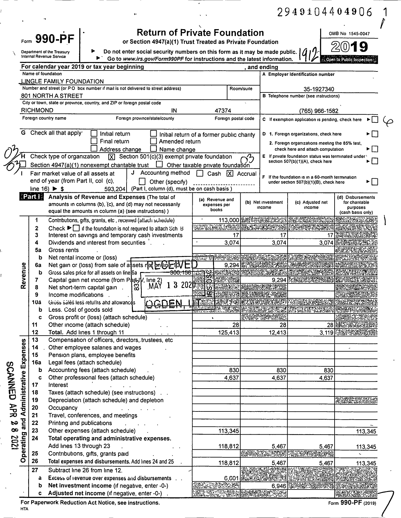 Image of first page of 2019 Form 990PF for Lingle Family Foundation