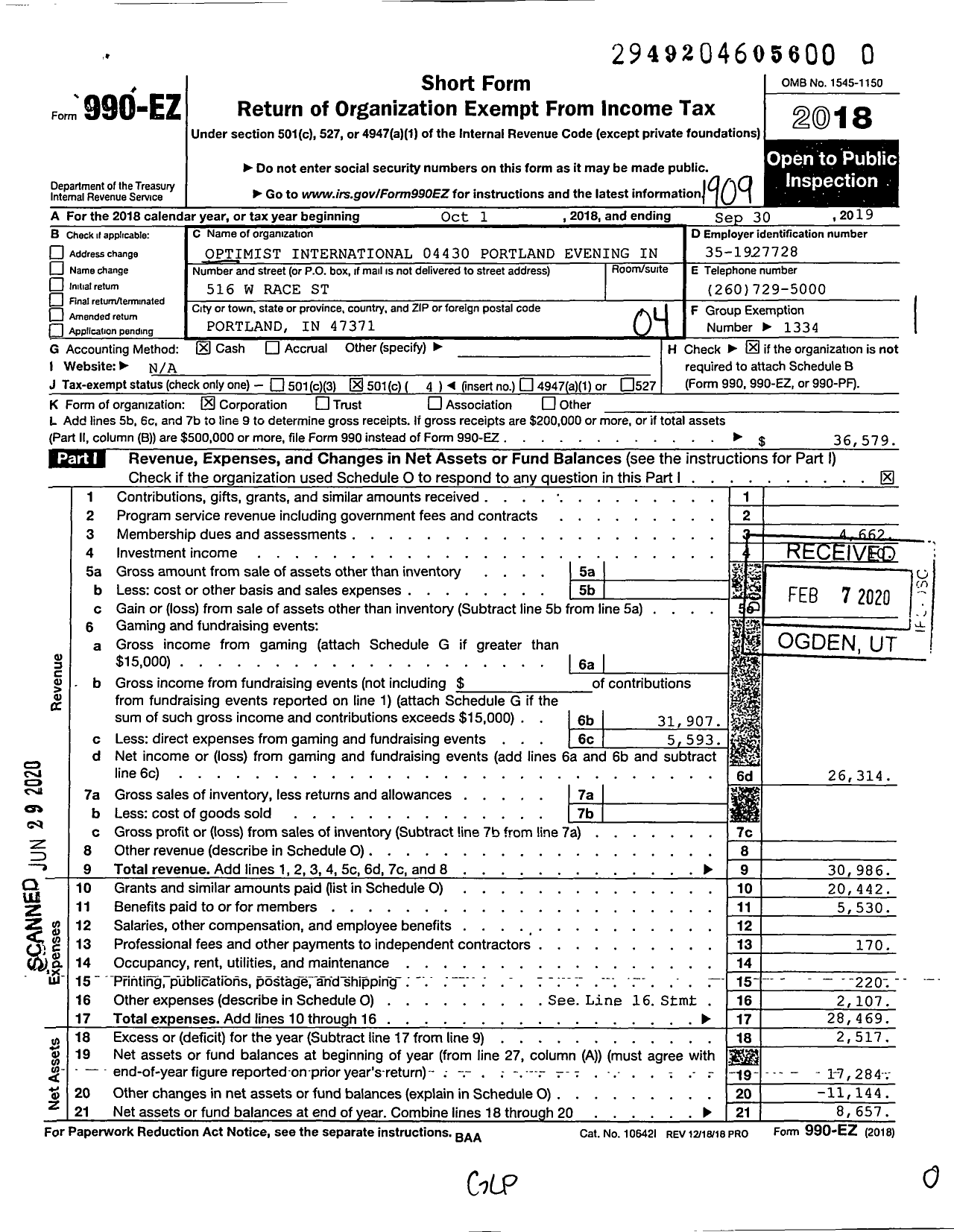 Image of first page of 2018 Form 990EO for Optimist International - 04430 Oc of Portland Evenings in