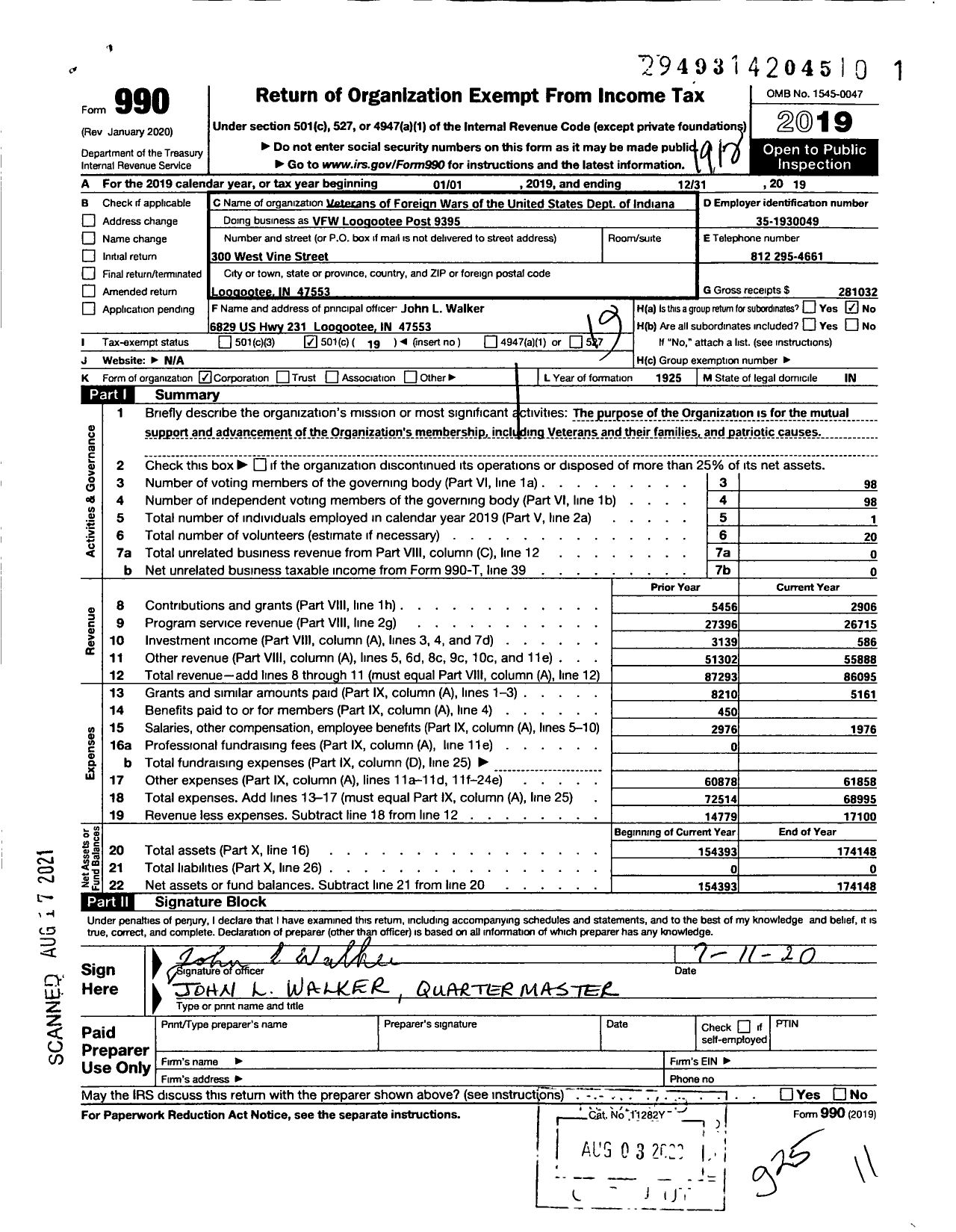 Image of first page of 2019 Form 990O for VFW Department of Indiana - VFW Post 9395