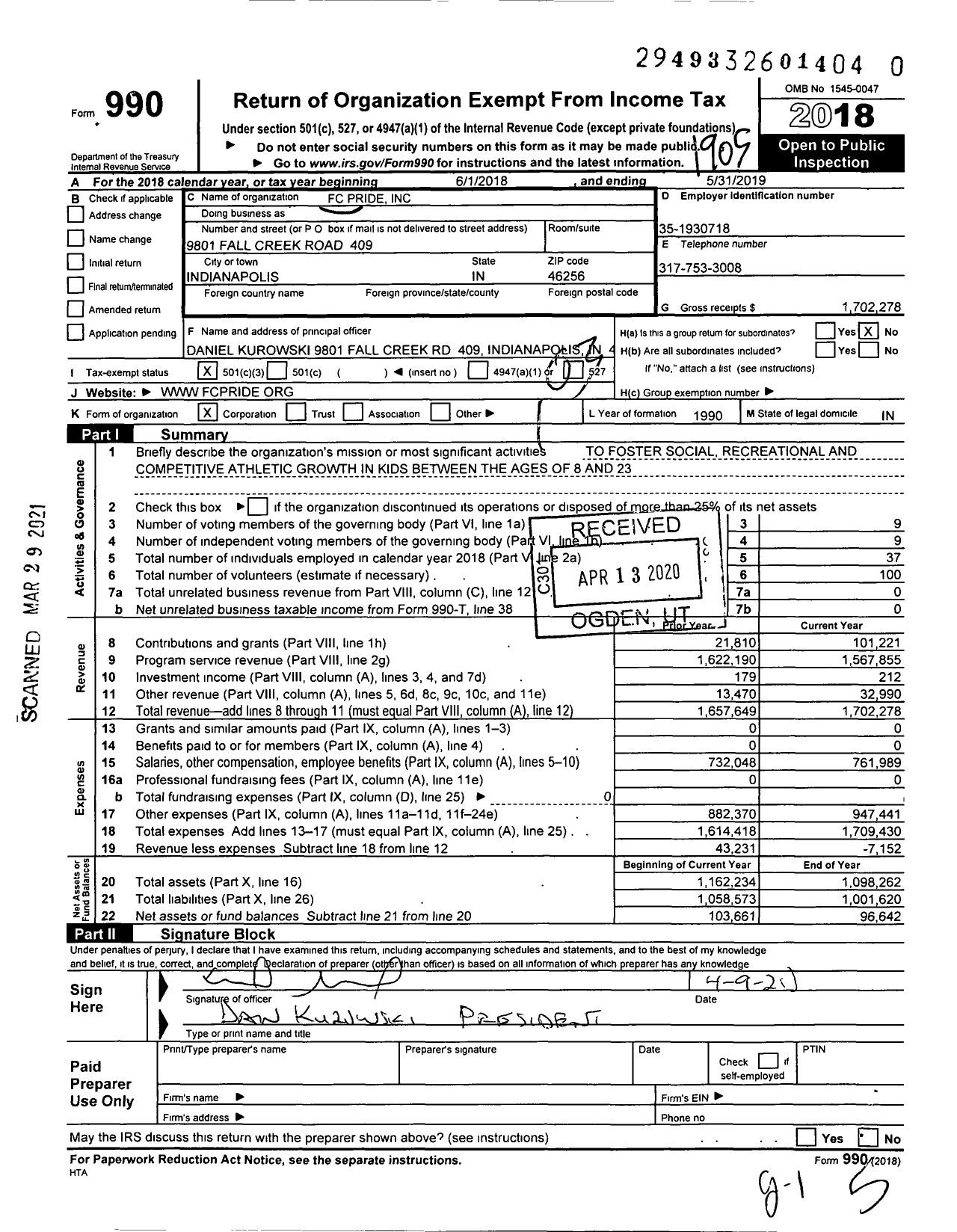 Image of first page of 2018 Form 990 for FC Pride