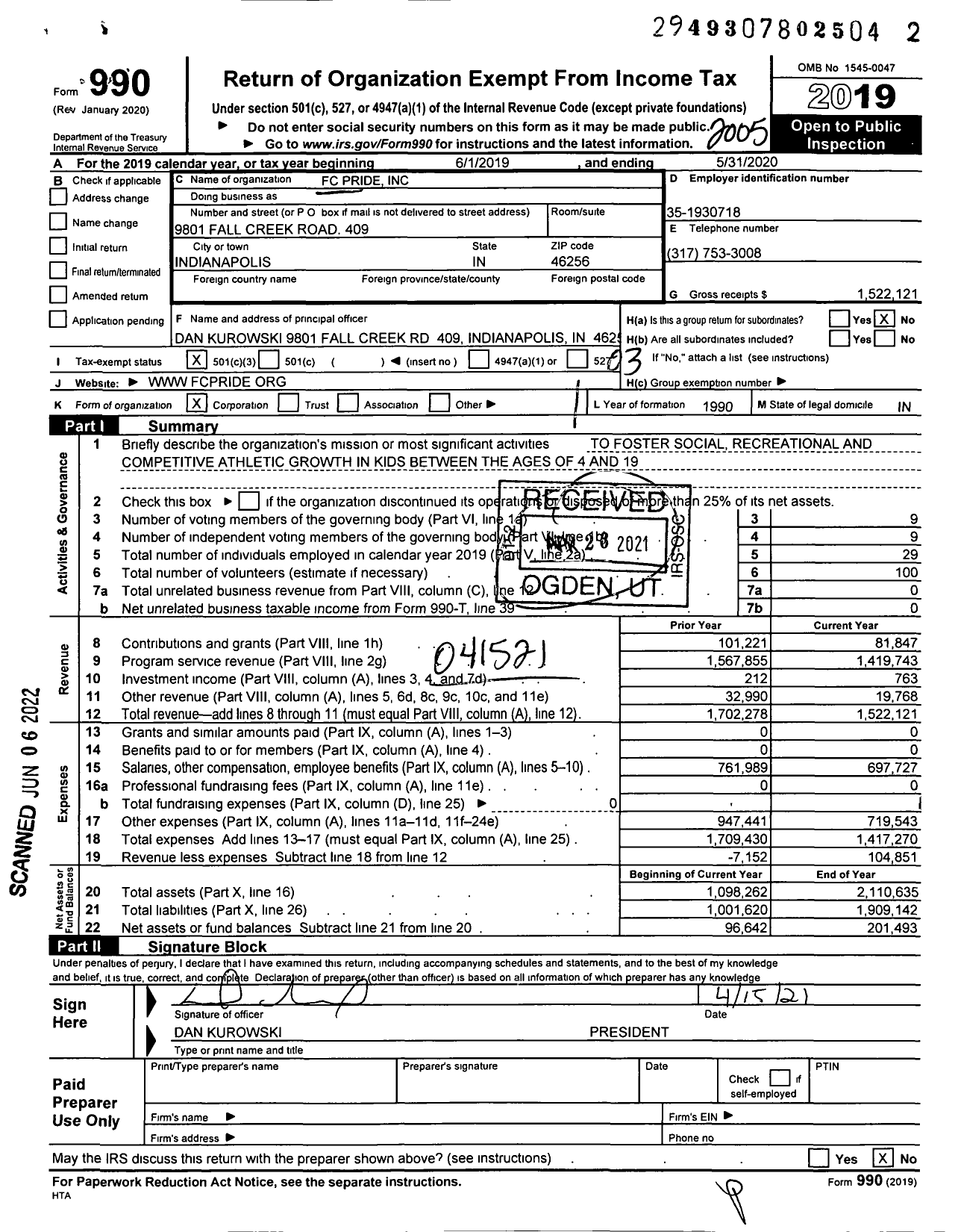 Image of first page of 2019 Form 990 for FC Pride