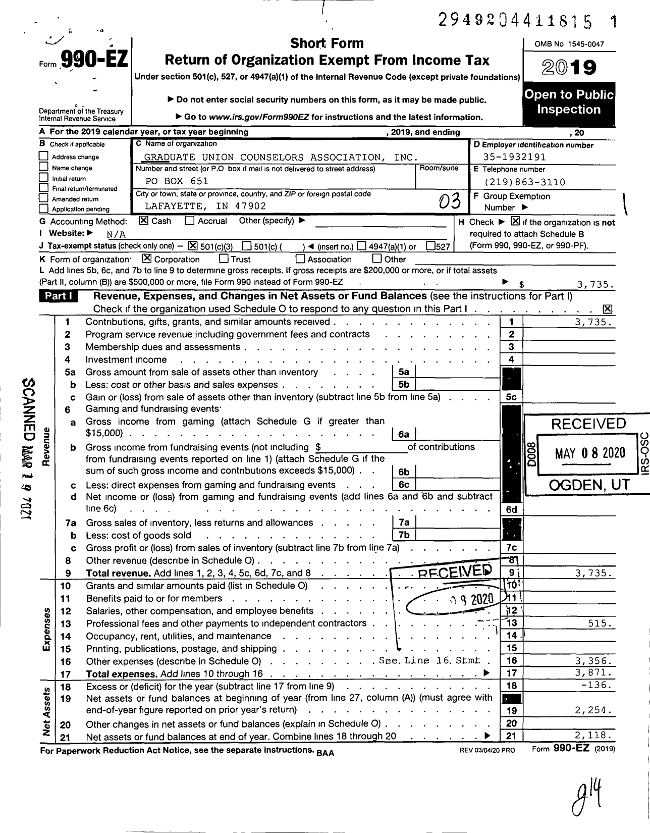 Image of first page of 2019 Form 990EZ for Graduate Union Counselors Association