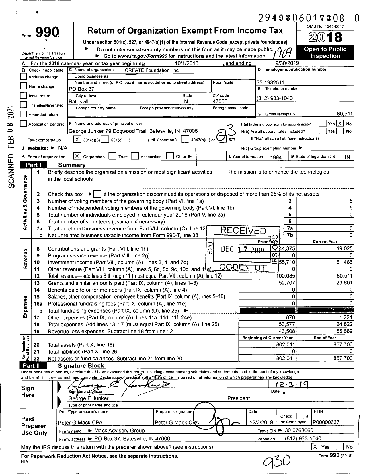 Image of first page of 2018 Form 990 for CREATE Foundation