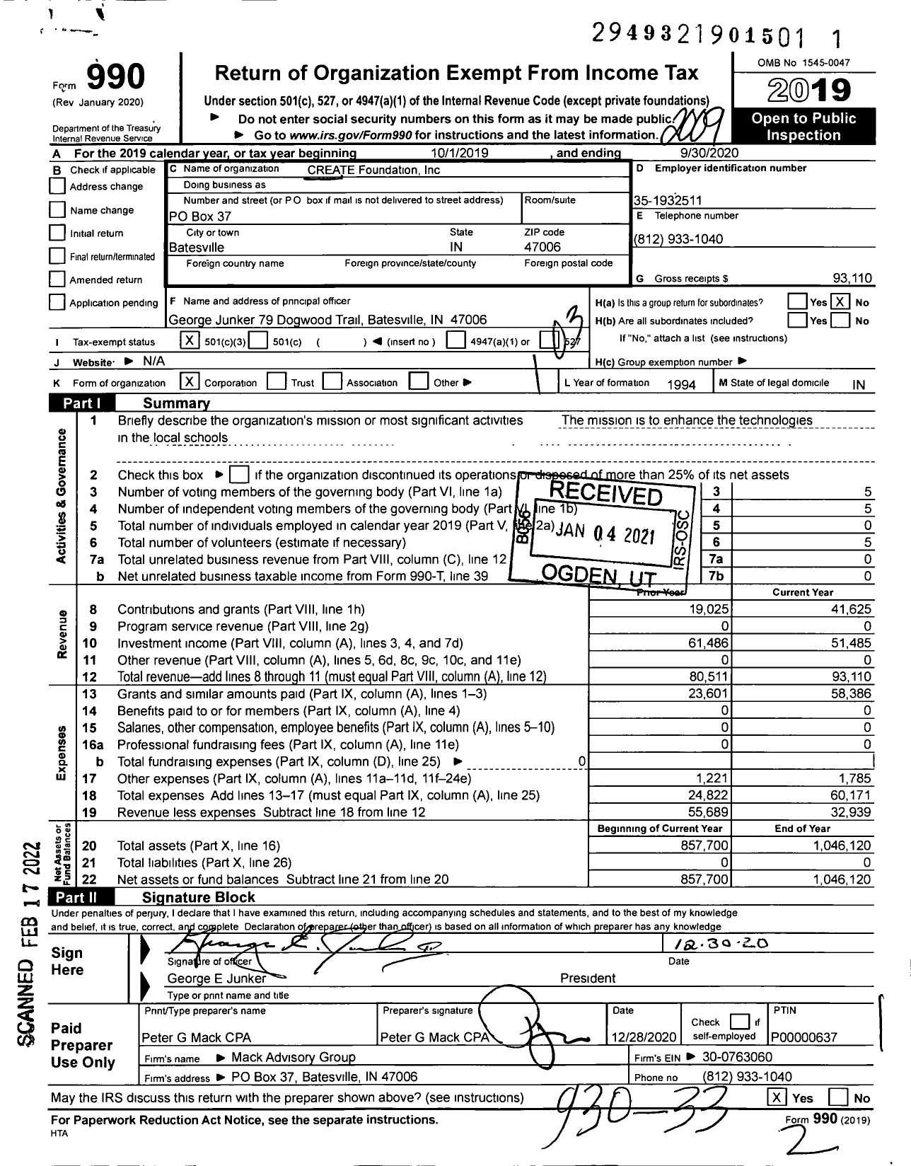 Image of first page of 2019 Form 990 for CREATE Foundation