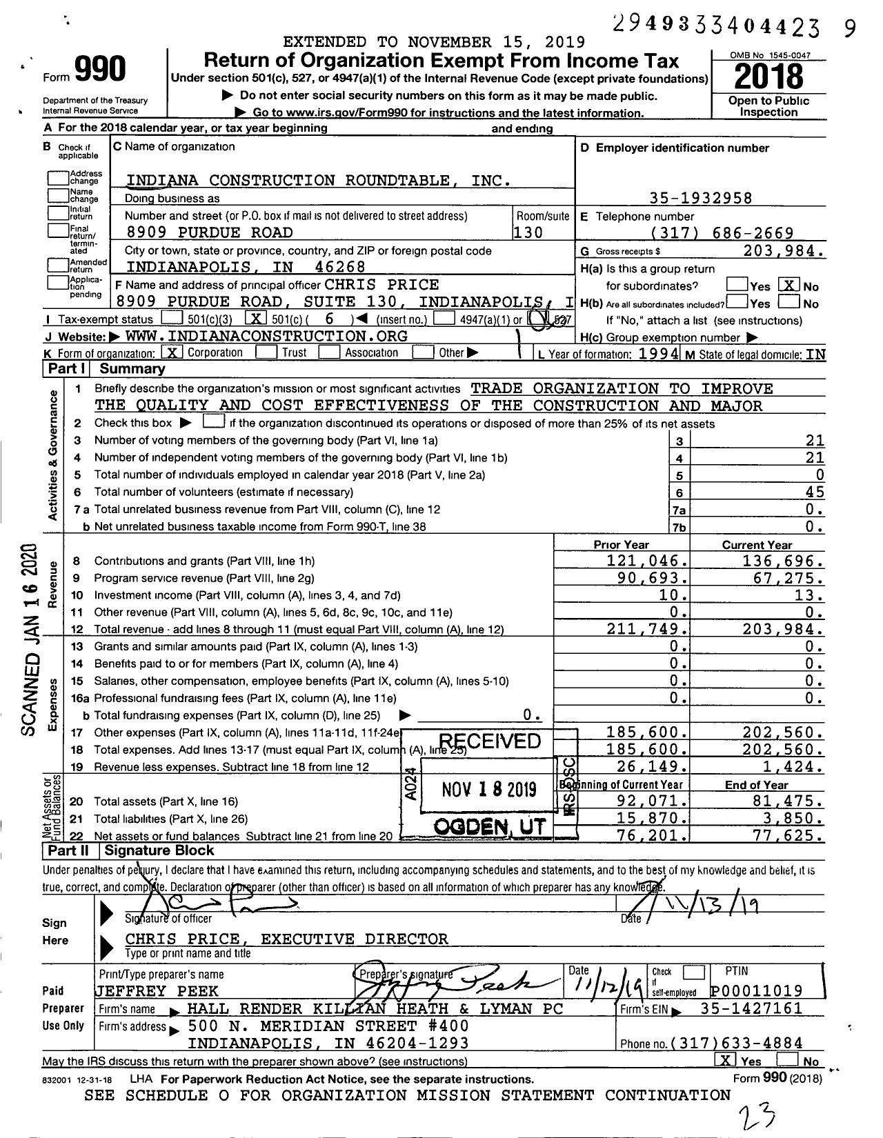 Image of first page of 2018 Form 990O for Indiana Construction Roundtable