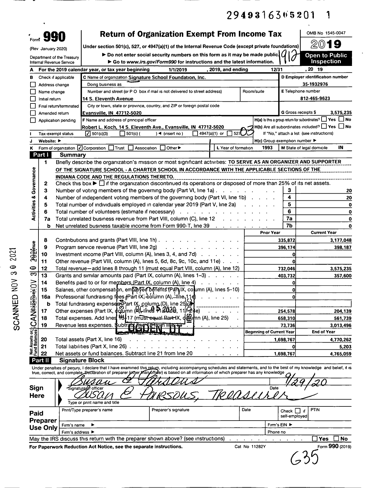 Image of first page of 2019 Form 990 for Signature School Foundation