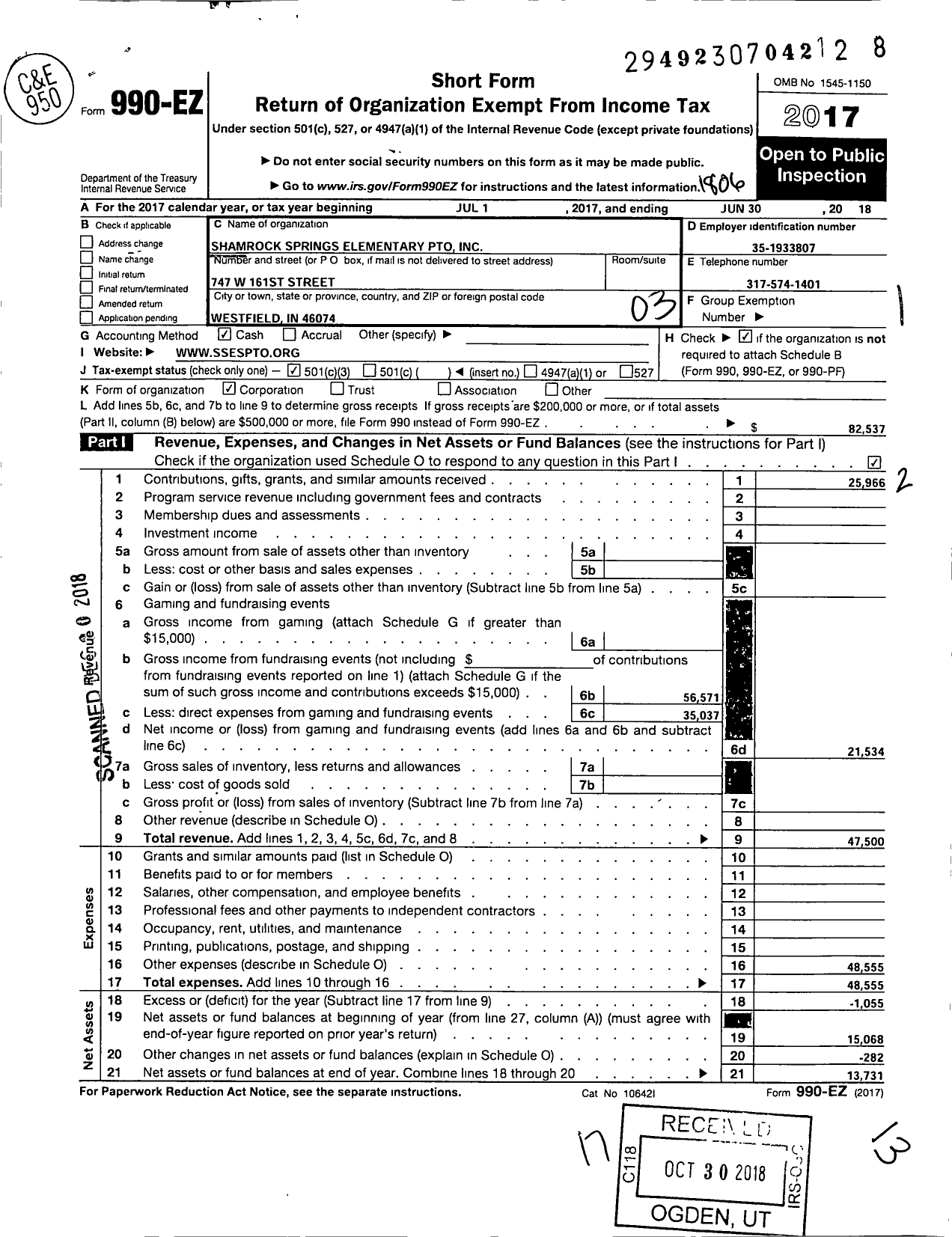 Image of first page of 2017 Form 990EZ for Shamrock Springs Elementary PTO