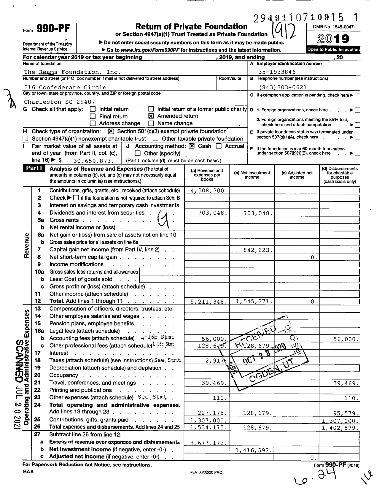 Image of first page of 2019 Form 990PF for The Reams Foundation