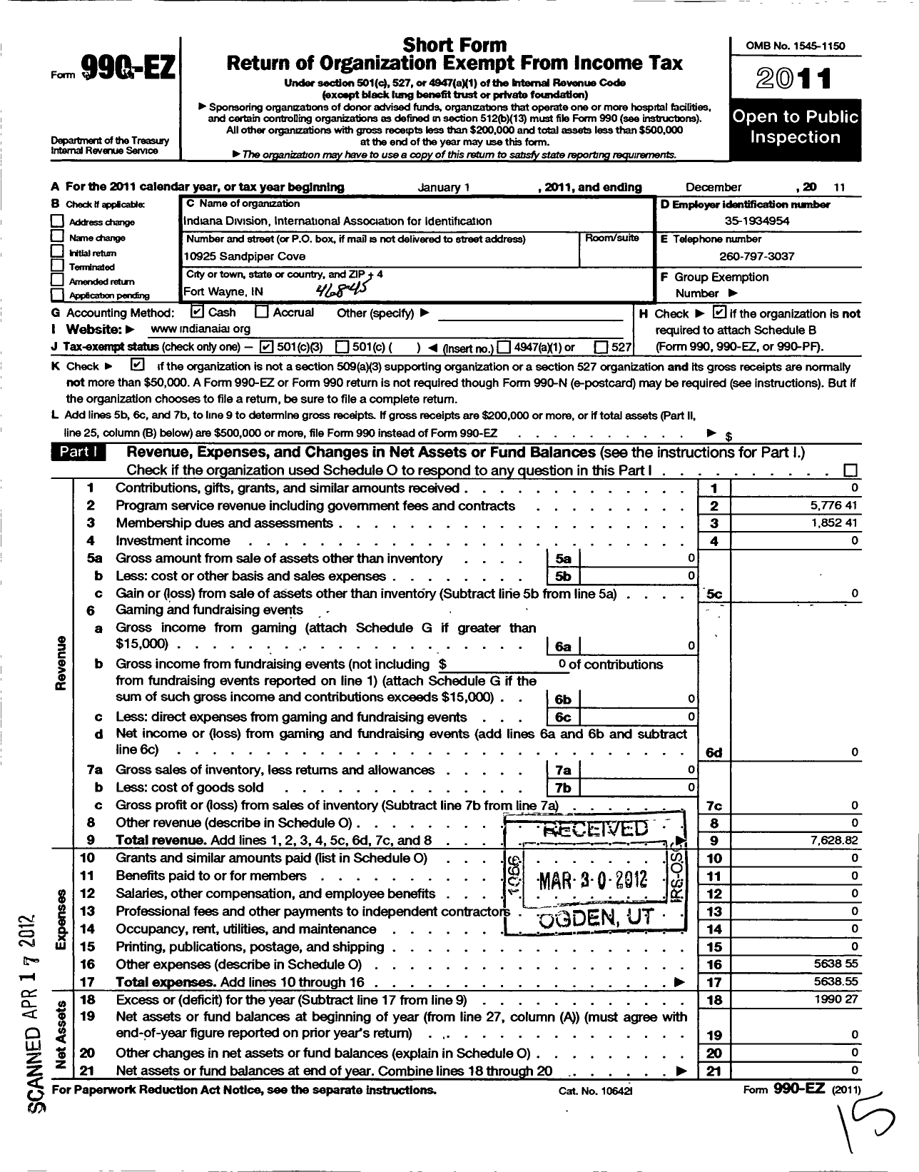 Image of first page of 2011 Form 990EZ for Indiana Division of the International Association for