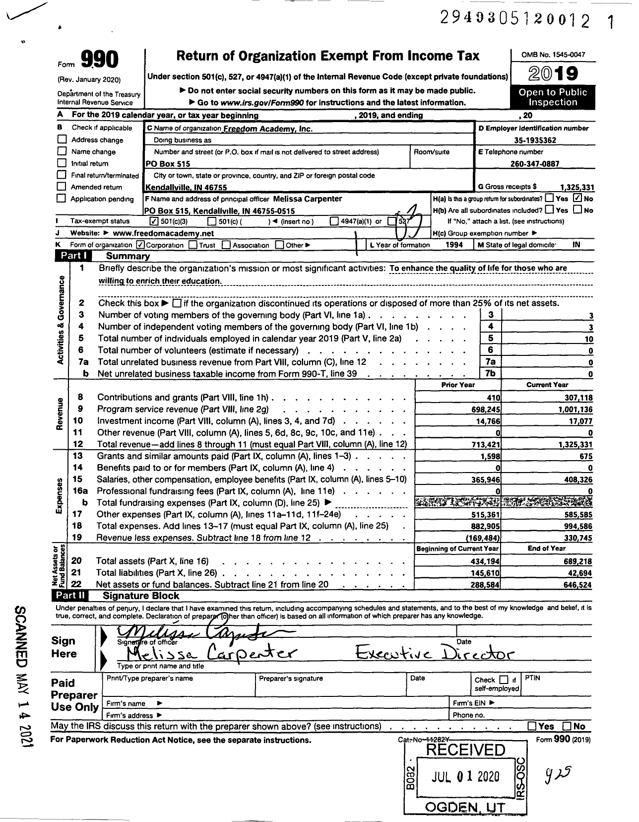 Image of first page of 2019 Form 990 for Freedom Academy