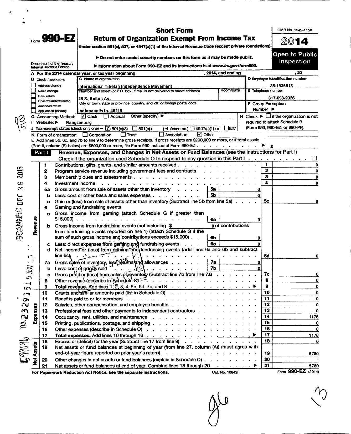 Image of first page of 2014 Form 990EZ for International Tibetan Independence Movement