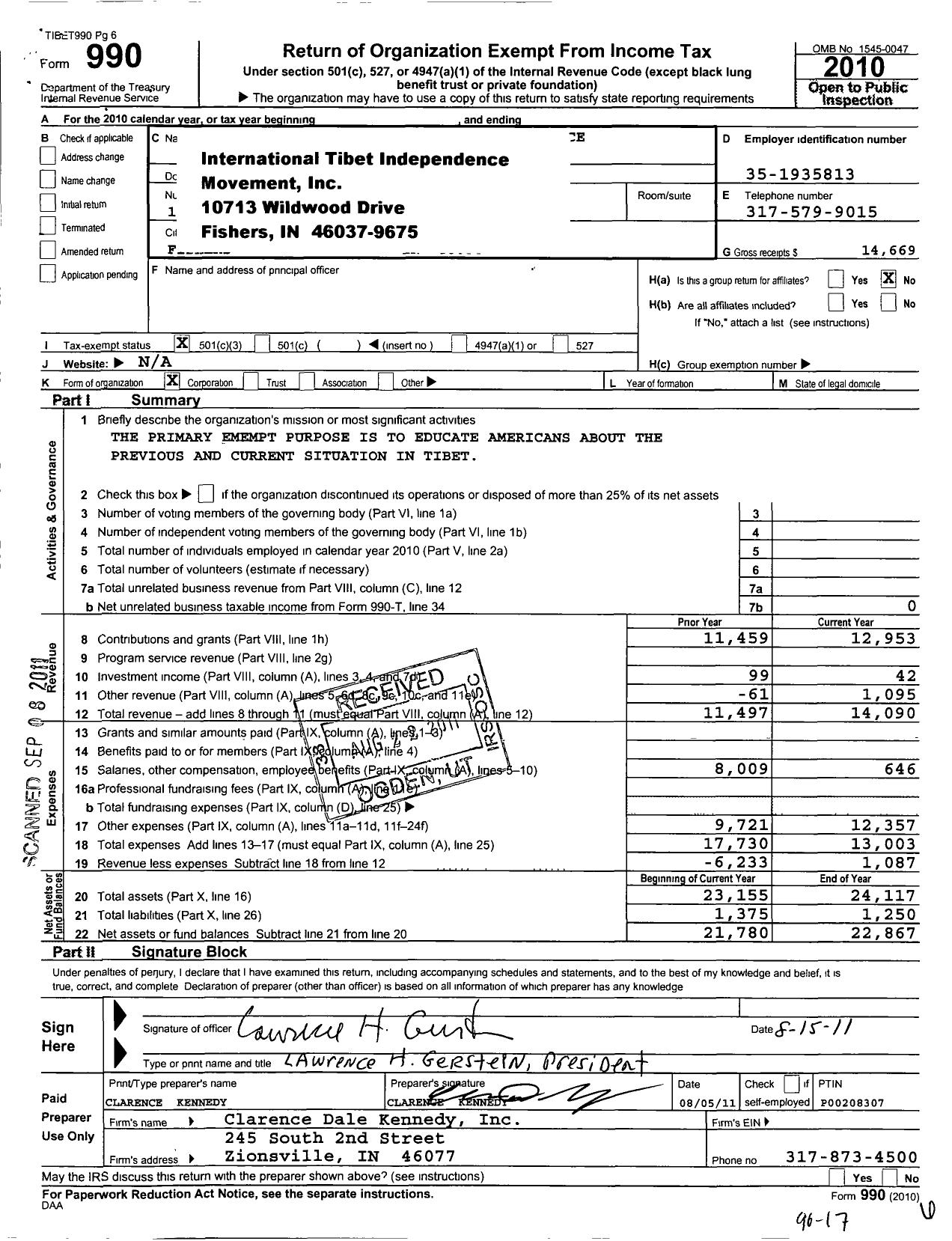 Image of first page of 2010 Form 990 for International Tibetan Independence Movement