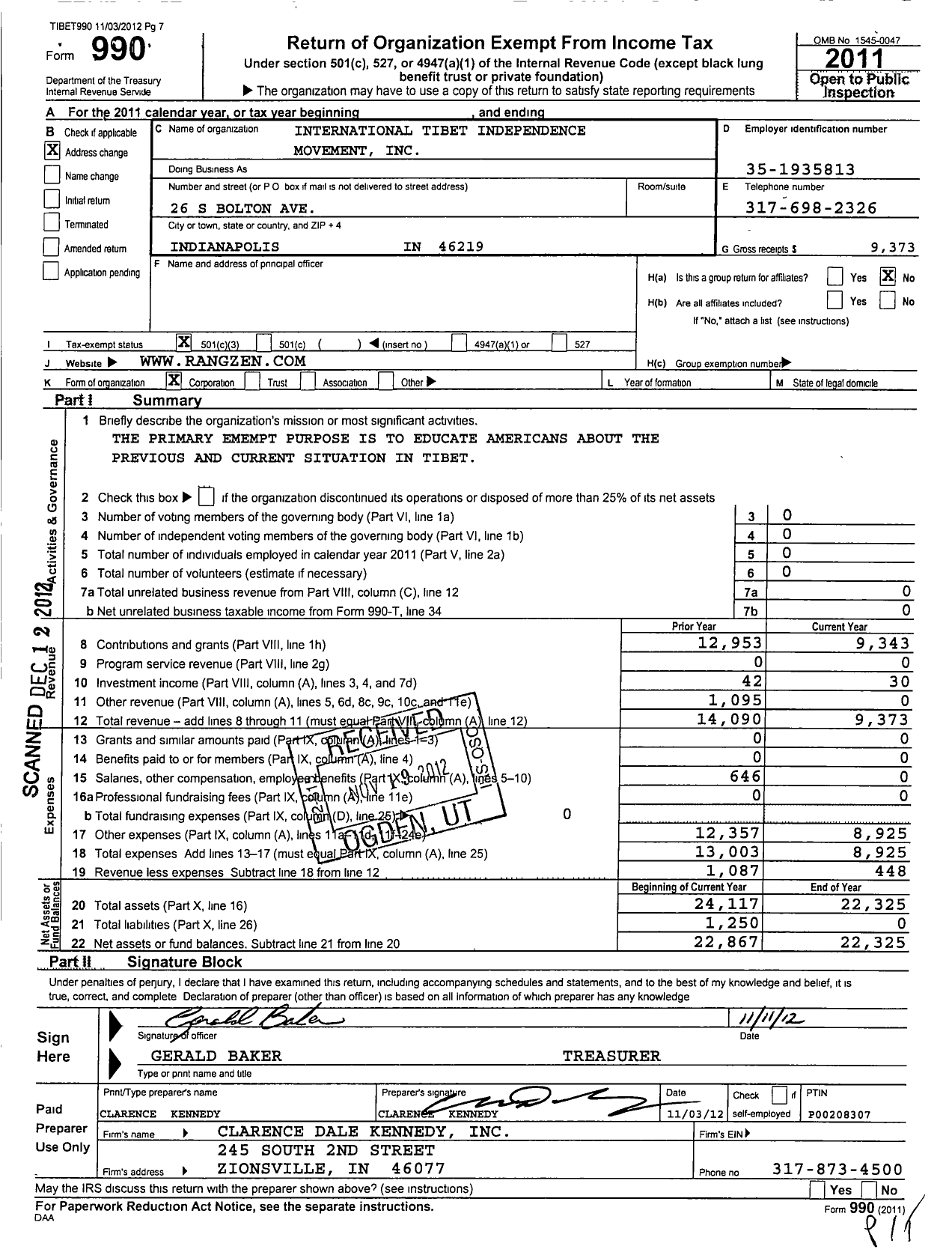 Image of first page of 2011 Form 990 for International Tibetan Independence Movement