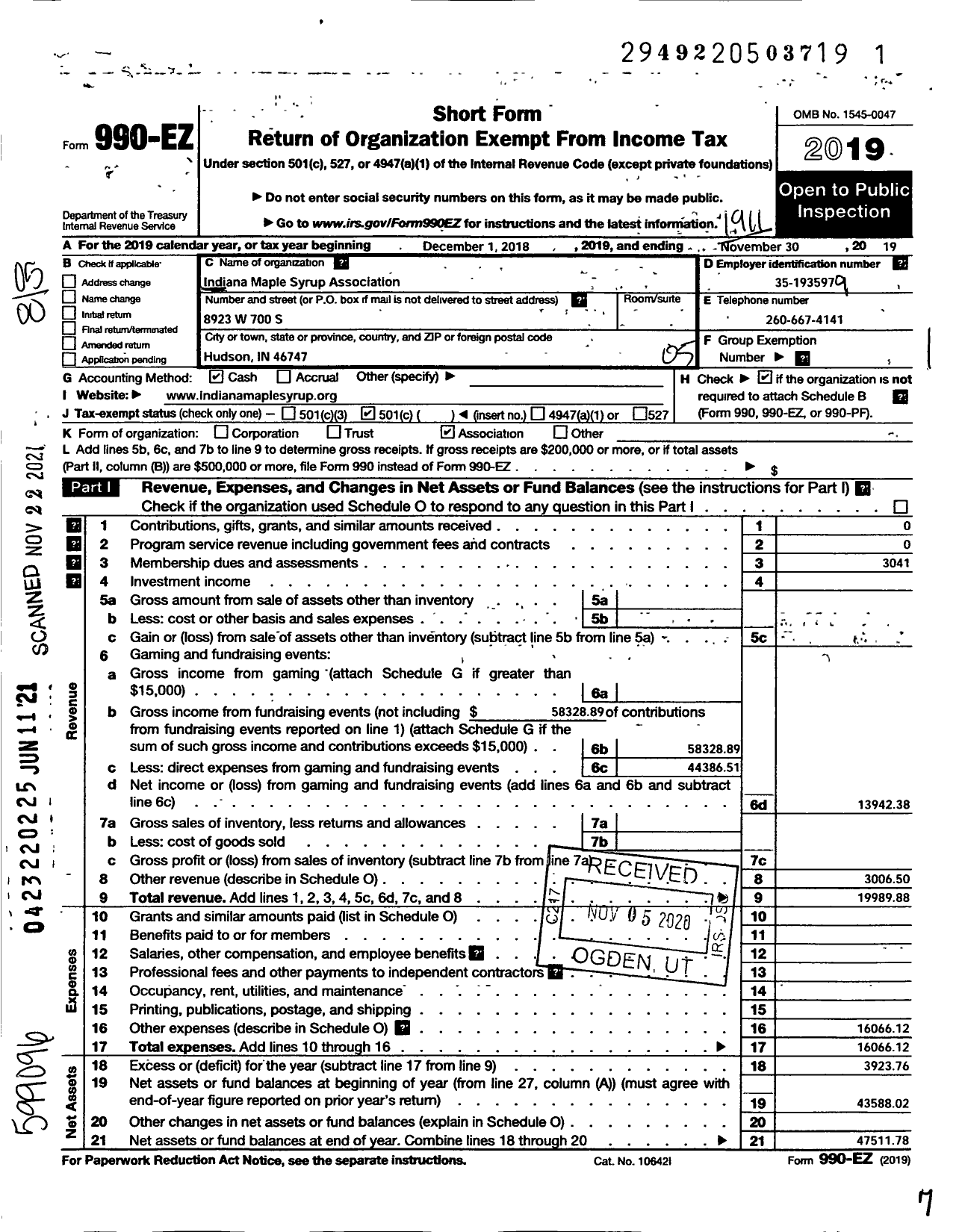 Image of first page of 2018 Form 990EO for Indiana Maple Syrup Association